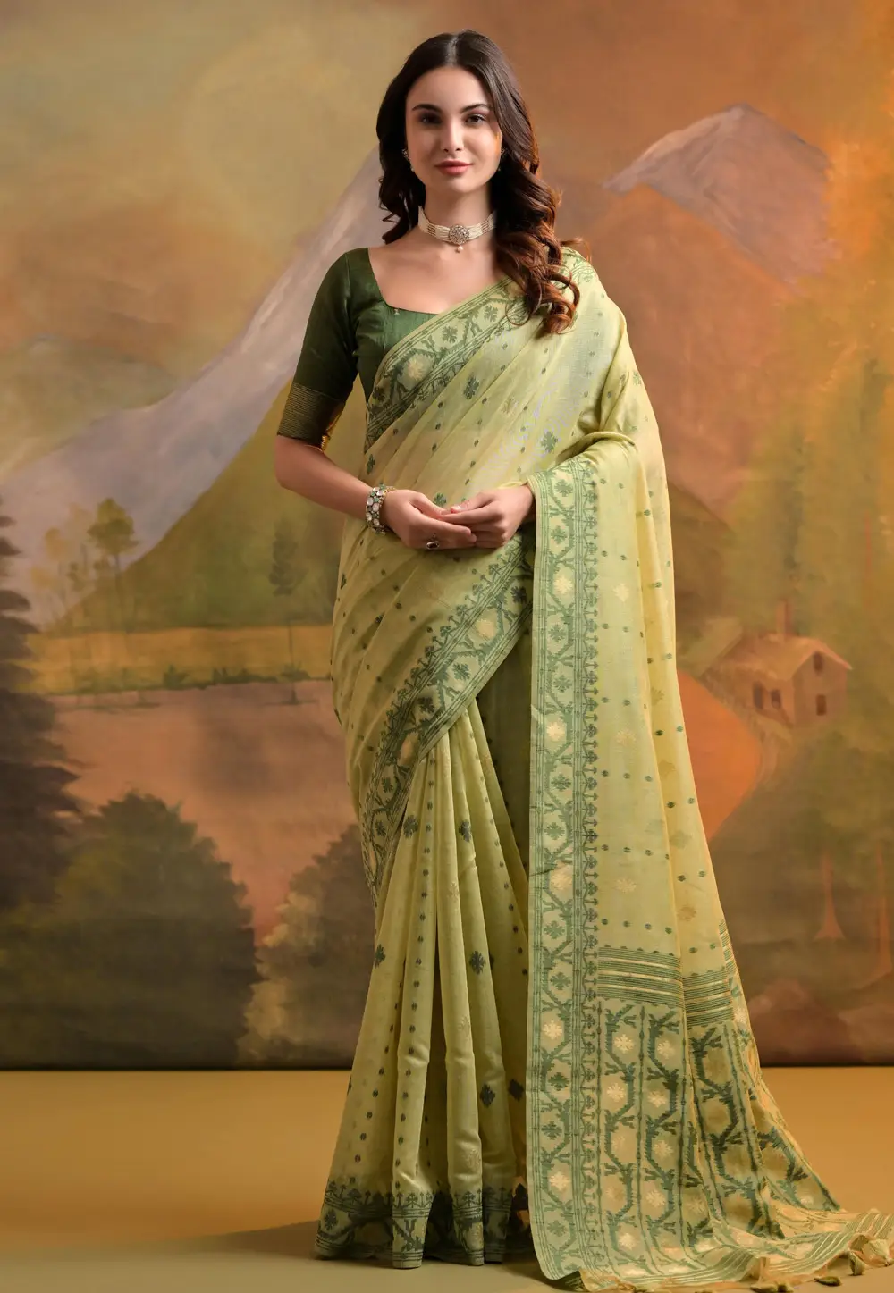 Pista Green Cotton Saree With Blouse 336604