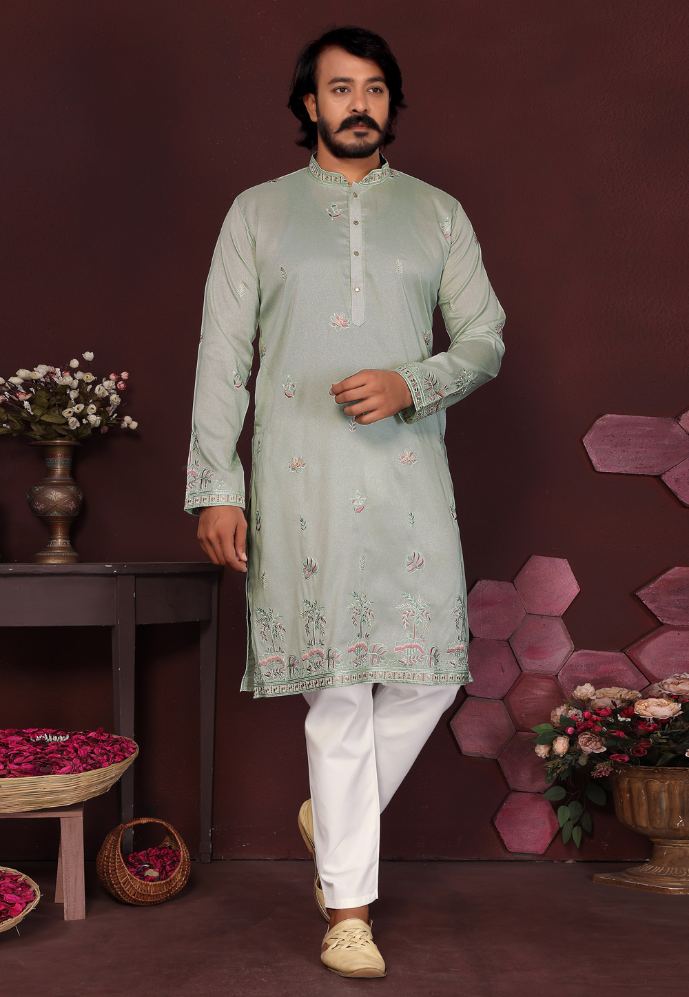Pista Green Cotton Silk Kurta Pajama 322094