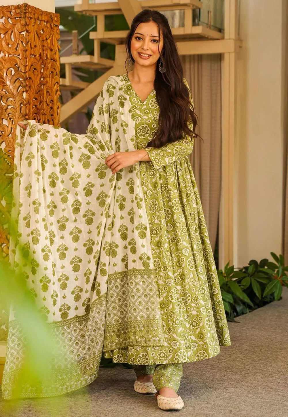Pista Green Cotton Silk Readymade Anarkali Suit 326892