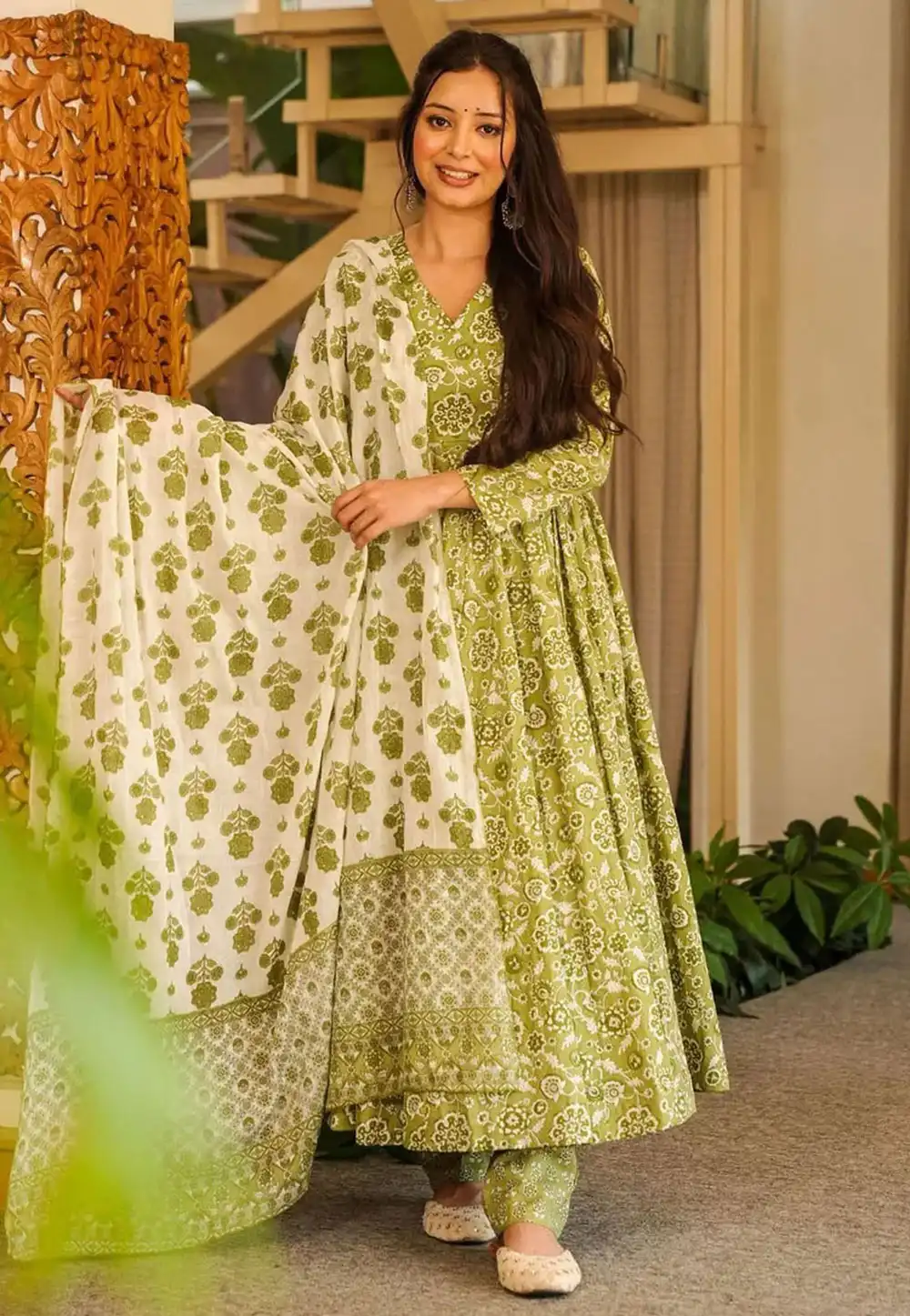 Pista Green Cotton Silk Readymade Anarkali Suit 326892
