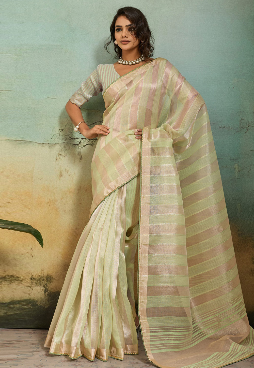 Pista Green Cotton Silk Saree With Blouse 327103