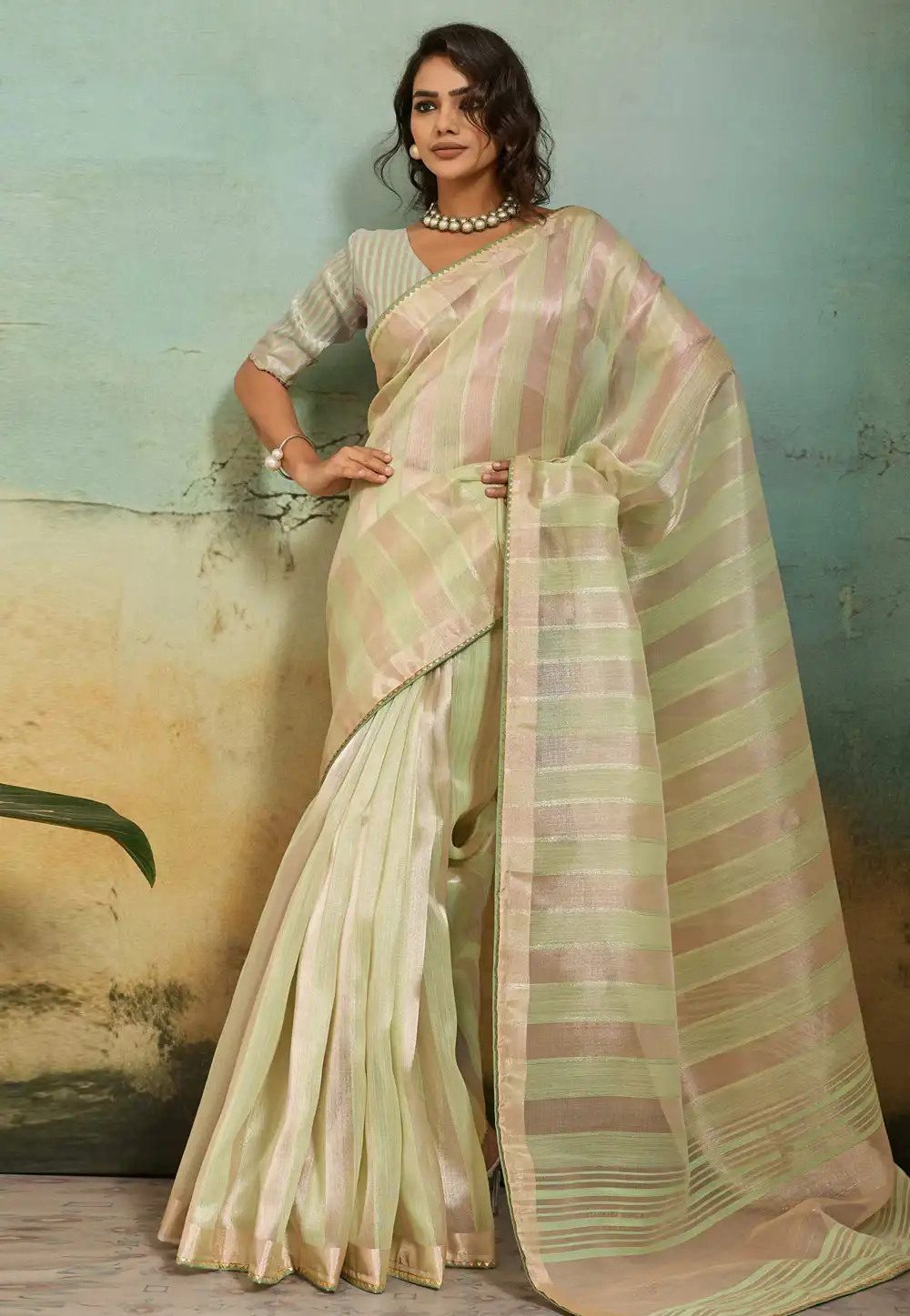 Pista Green Cotton Silk Saree With Blouse 327103