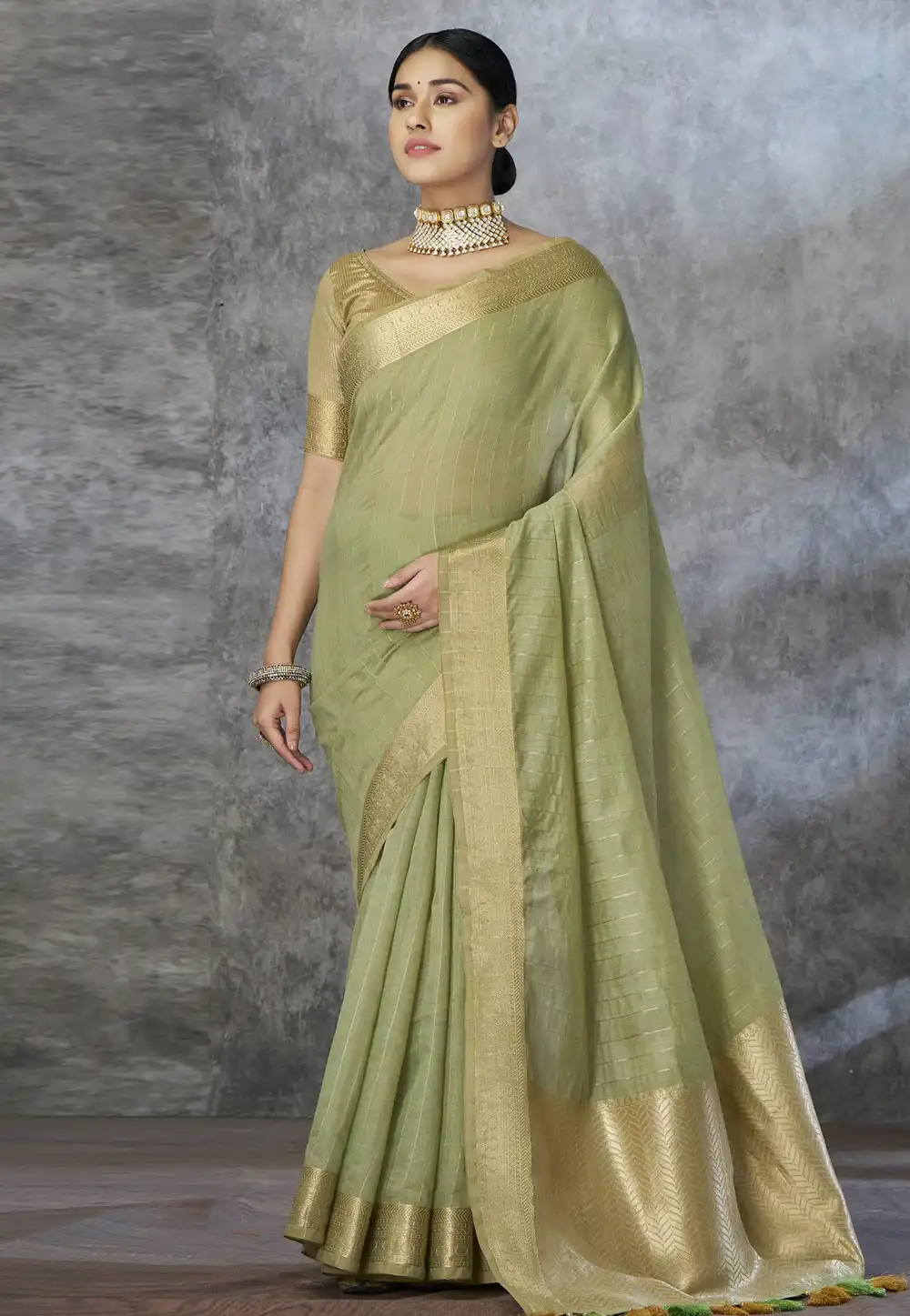 Pista Green Cotton Silk Saree With Blouse 325884