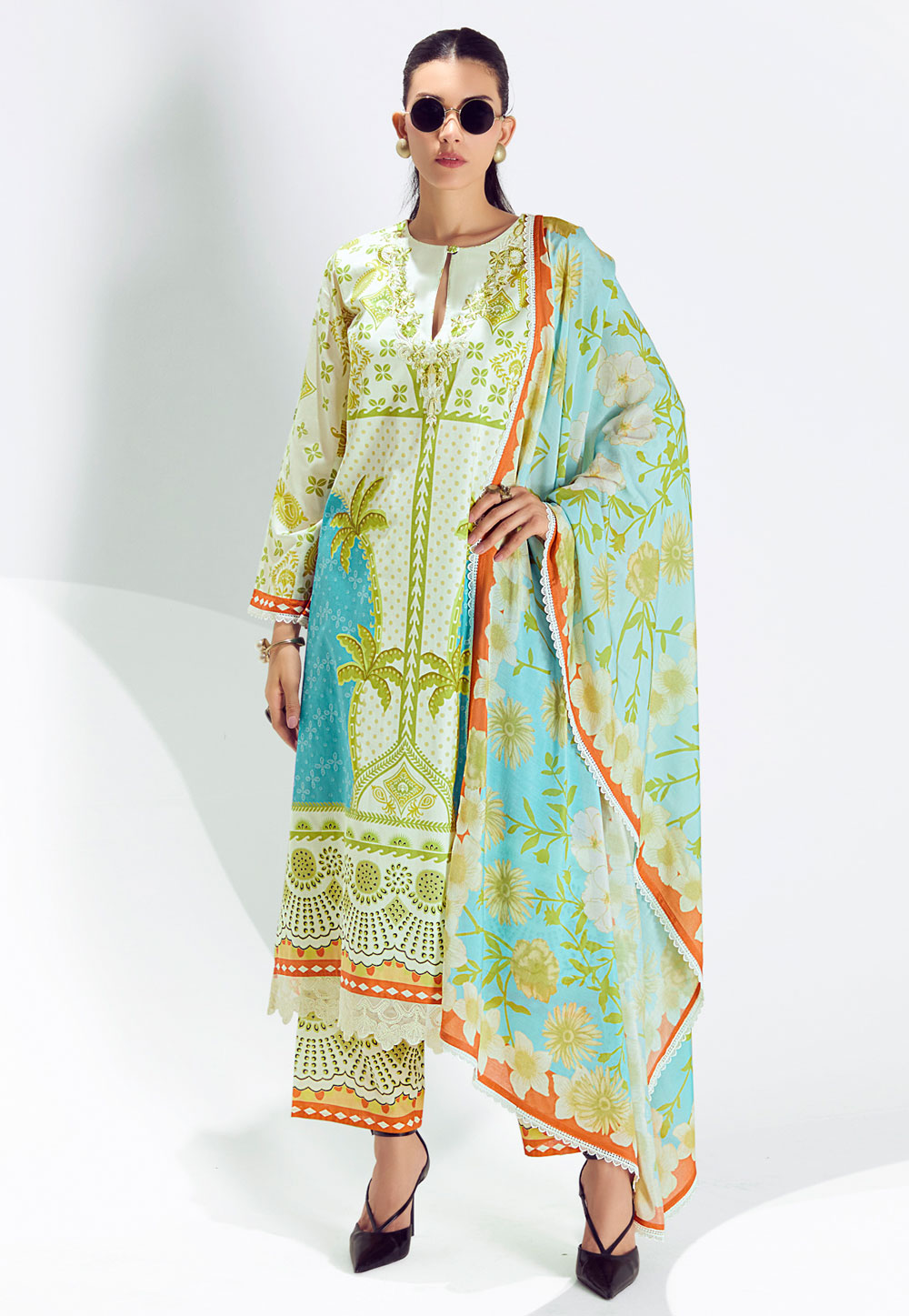 Pista Green Cotton Straight Suit 311506
