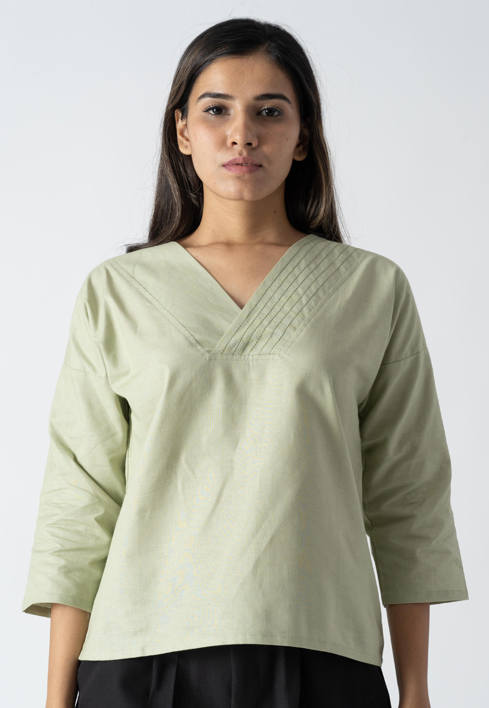 Pista Green Cotton V Neck Top 313276