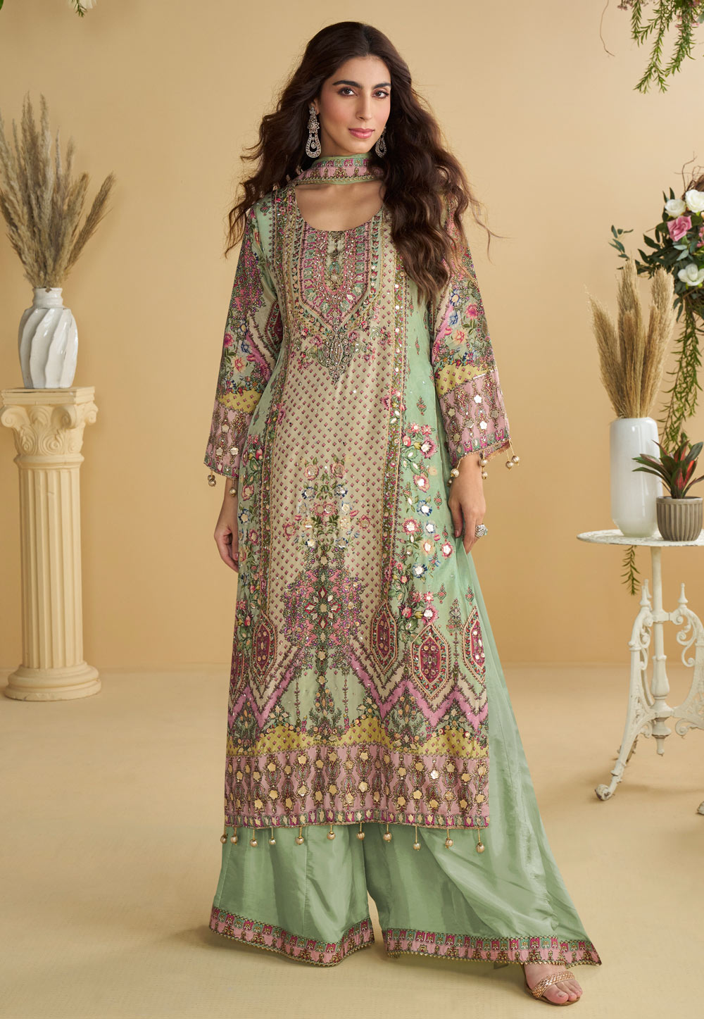 Pista Green Crepe Silk Readymade Pakistani Suit 320063