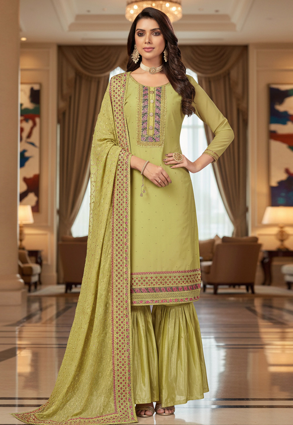 Pista Green Faux Georgette Gharara Suit 328267
