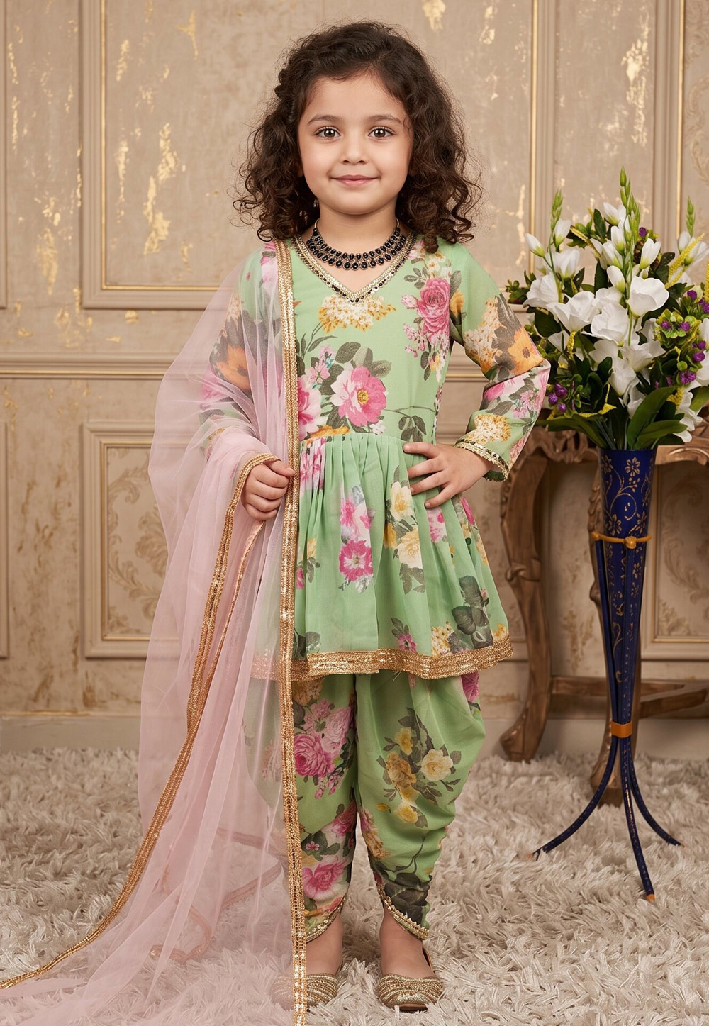 Pista Green Faux Georgette Kids Dhoti Salwar Suit 329915