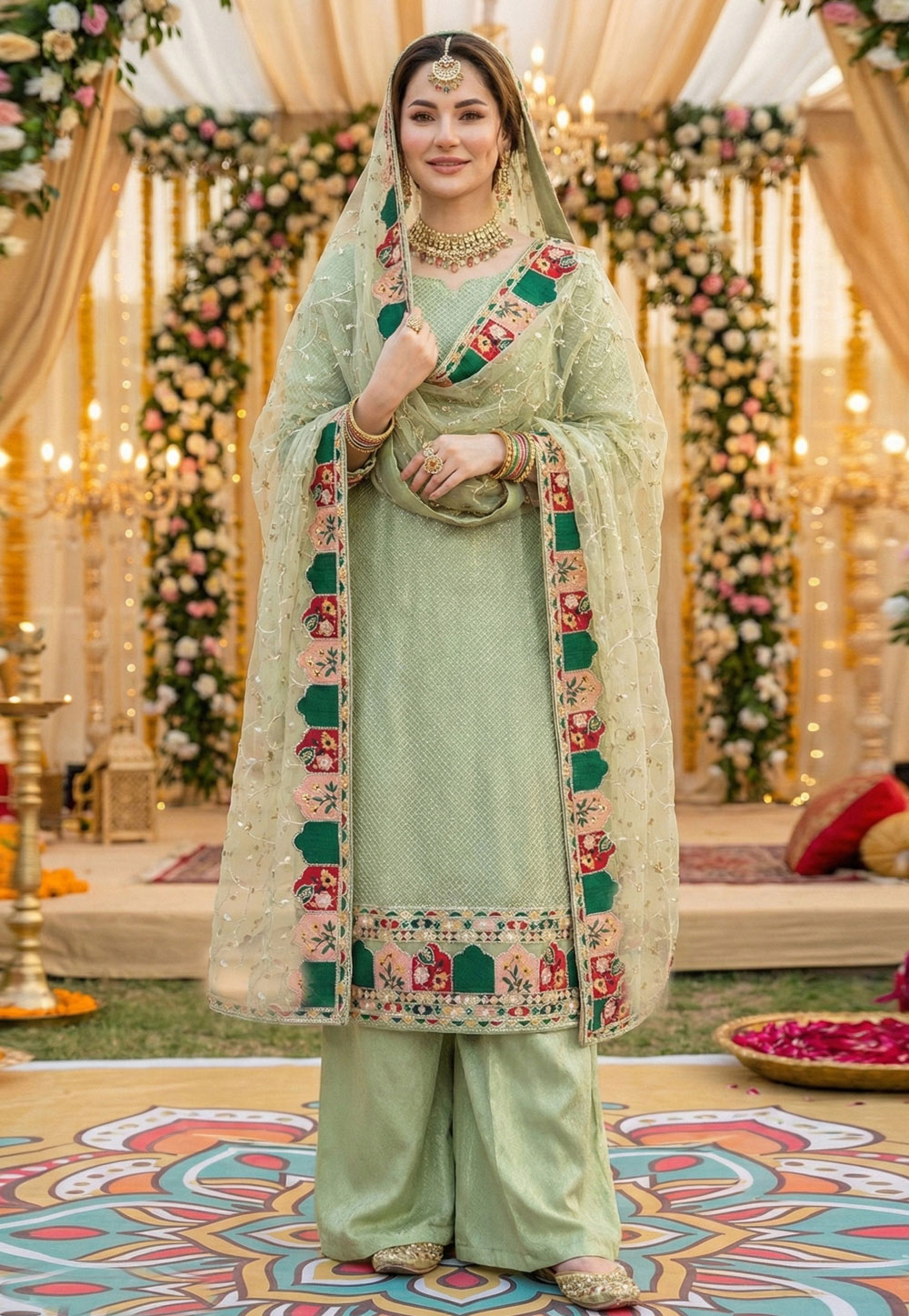 Pista Green Faux Georgette Palazzo Suit 324862