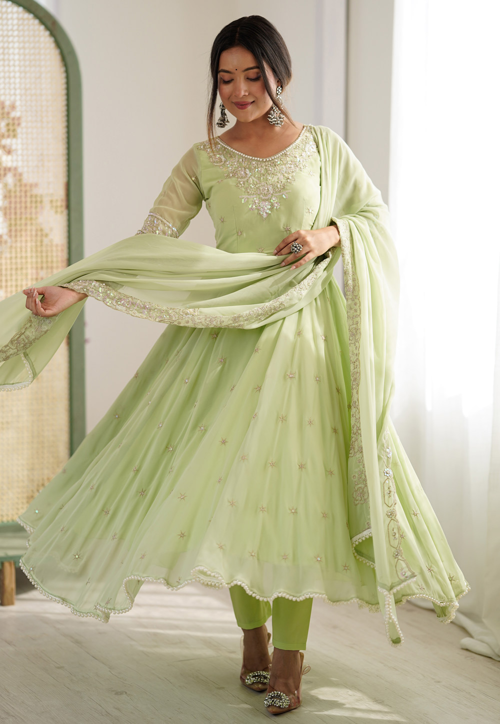 Pista Green Faux Georgette Readymade Anarkali Suit 325481