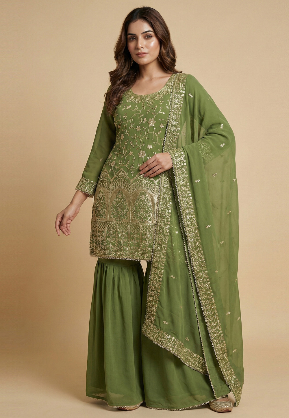 Pista Green Faux Georgette Readymade Sharara Suit 323832