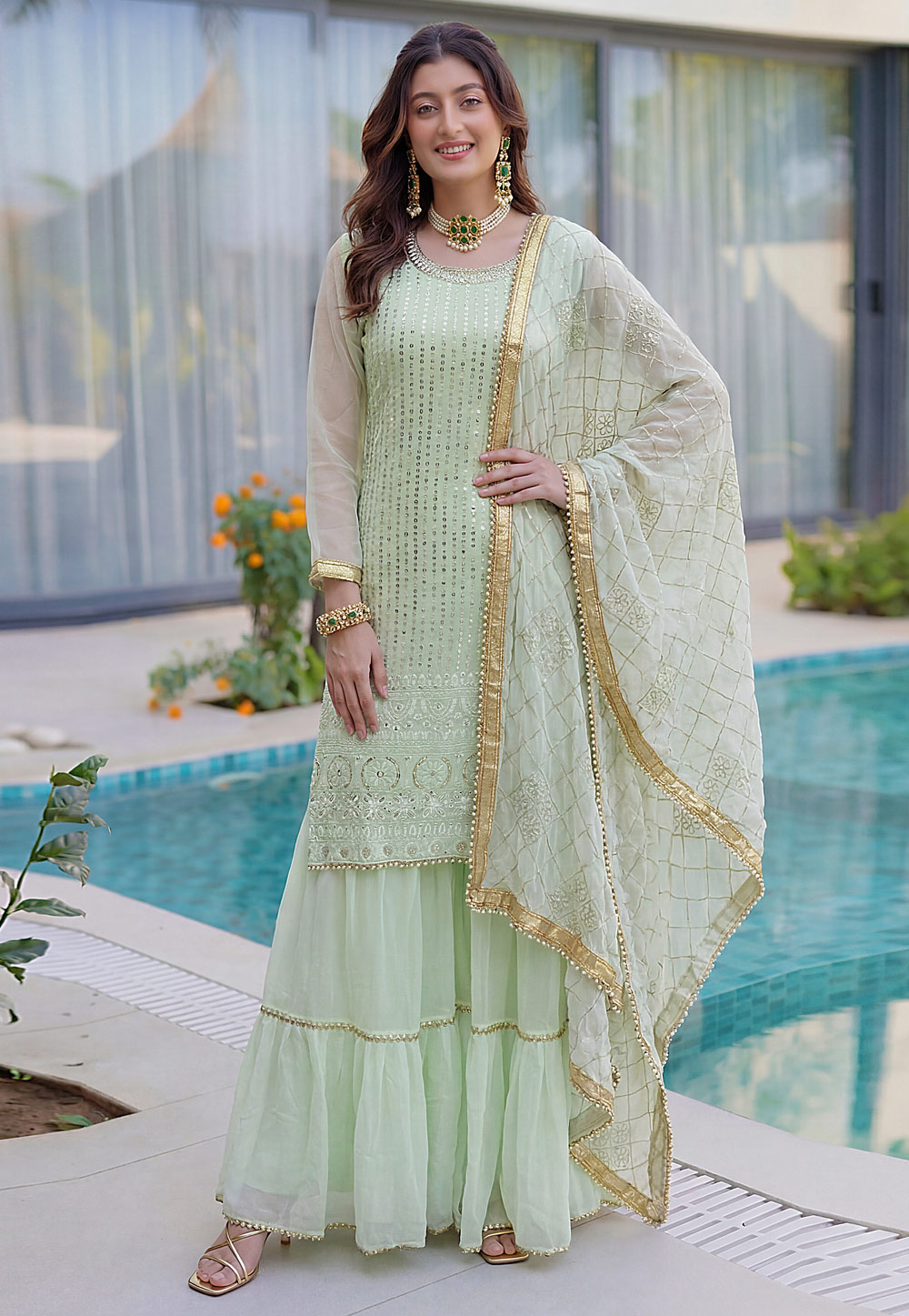 Pista Green Faux Georgette Readymade Sharara Suit 327995