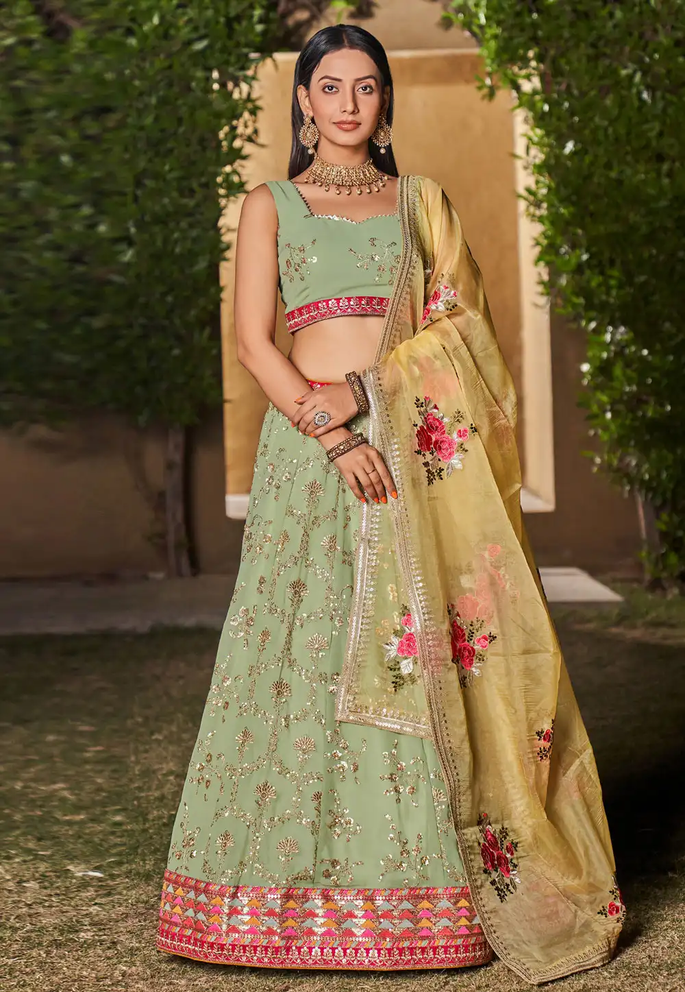 Pista Green Georgette A Line Lehenga Choli 282064