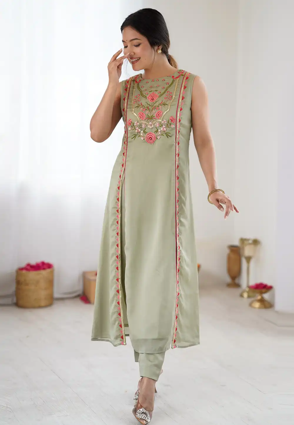 Pista Green Georgette Kurta Set With Pant 330728