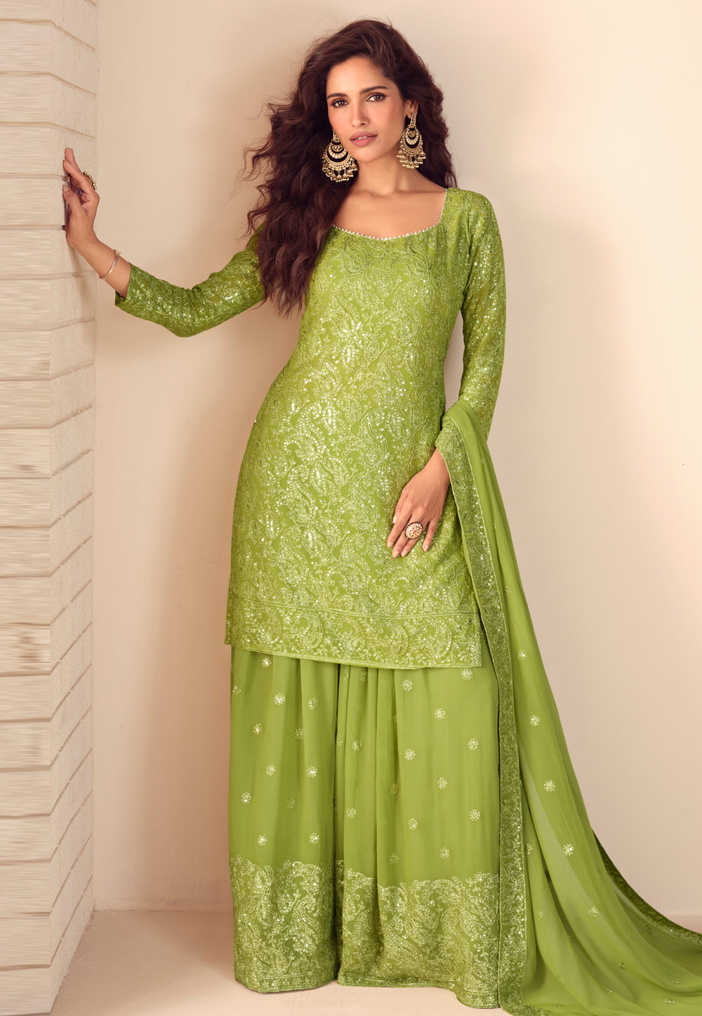 Pista Green Georgette Palazzo Suit 326358