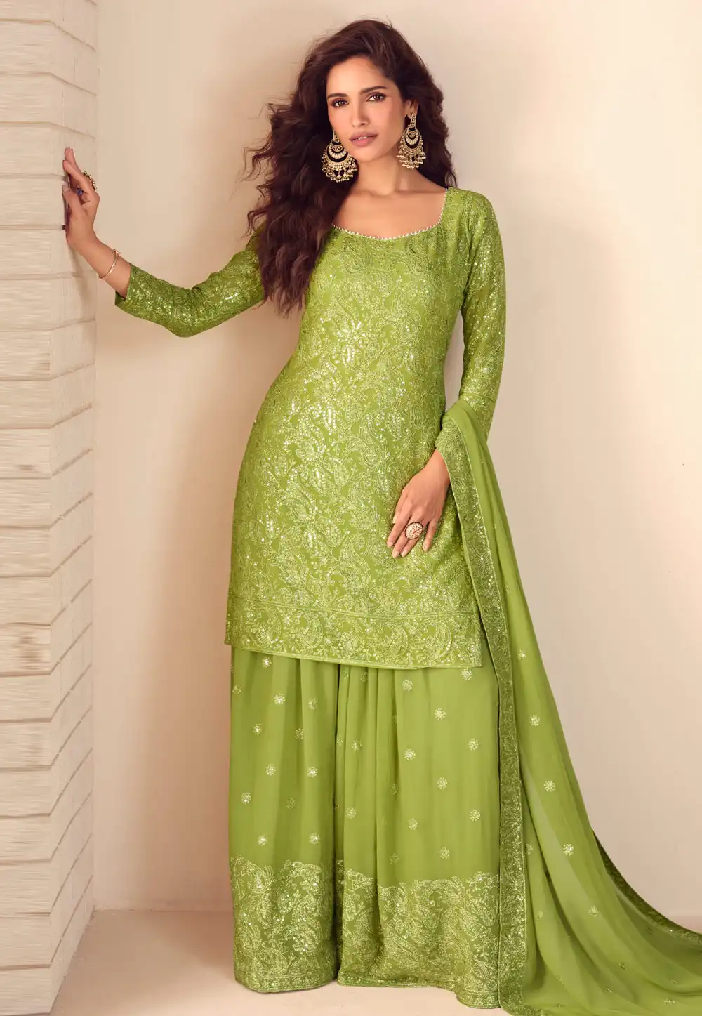 Pista Green Georgette Palazzo Suit 326358