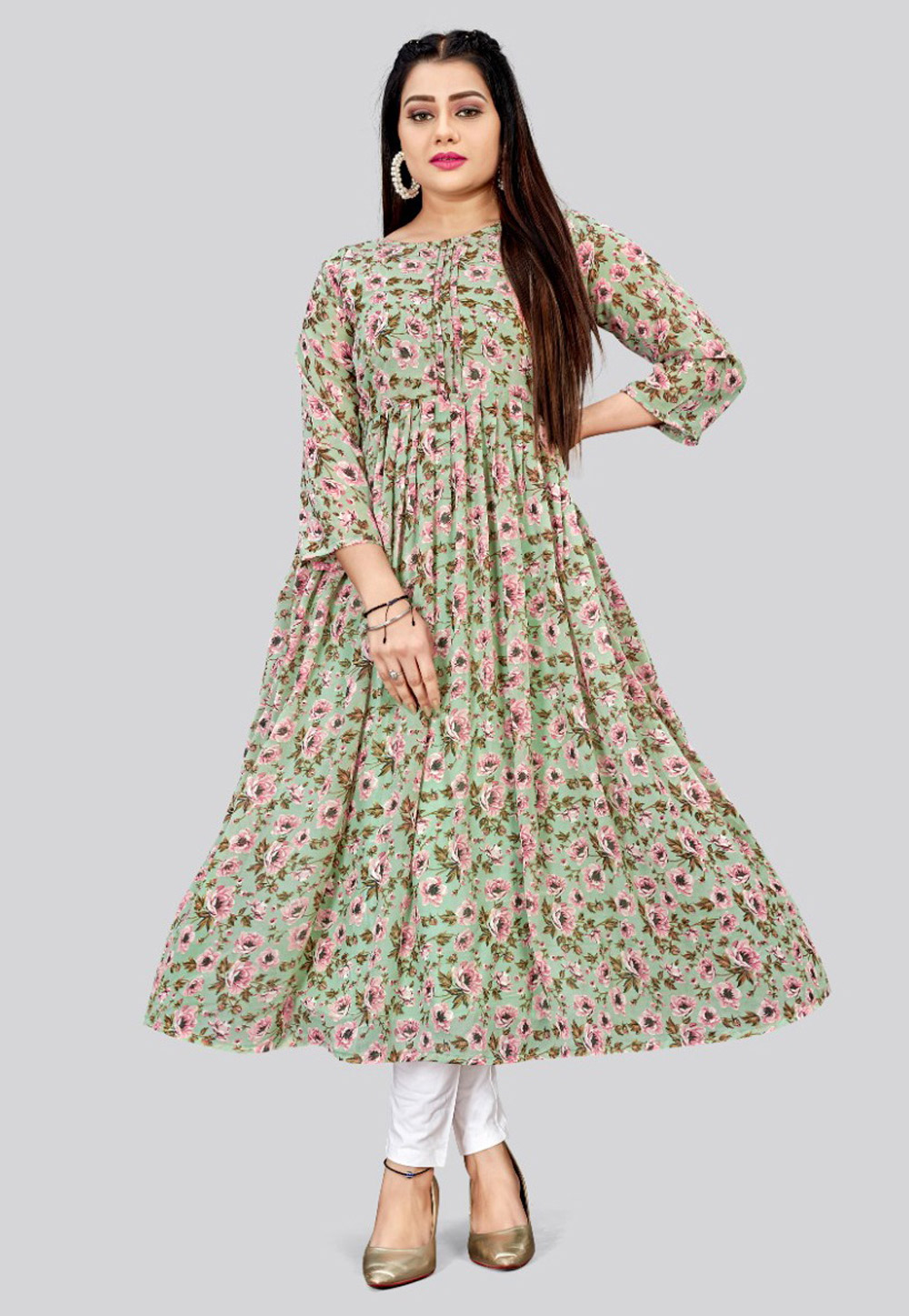 Pista Green Georgette Printed Long Kurti 324091