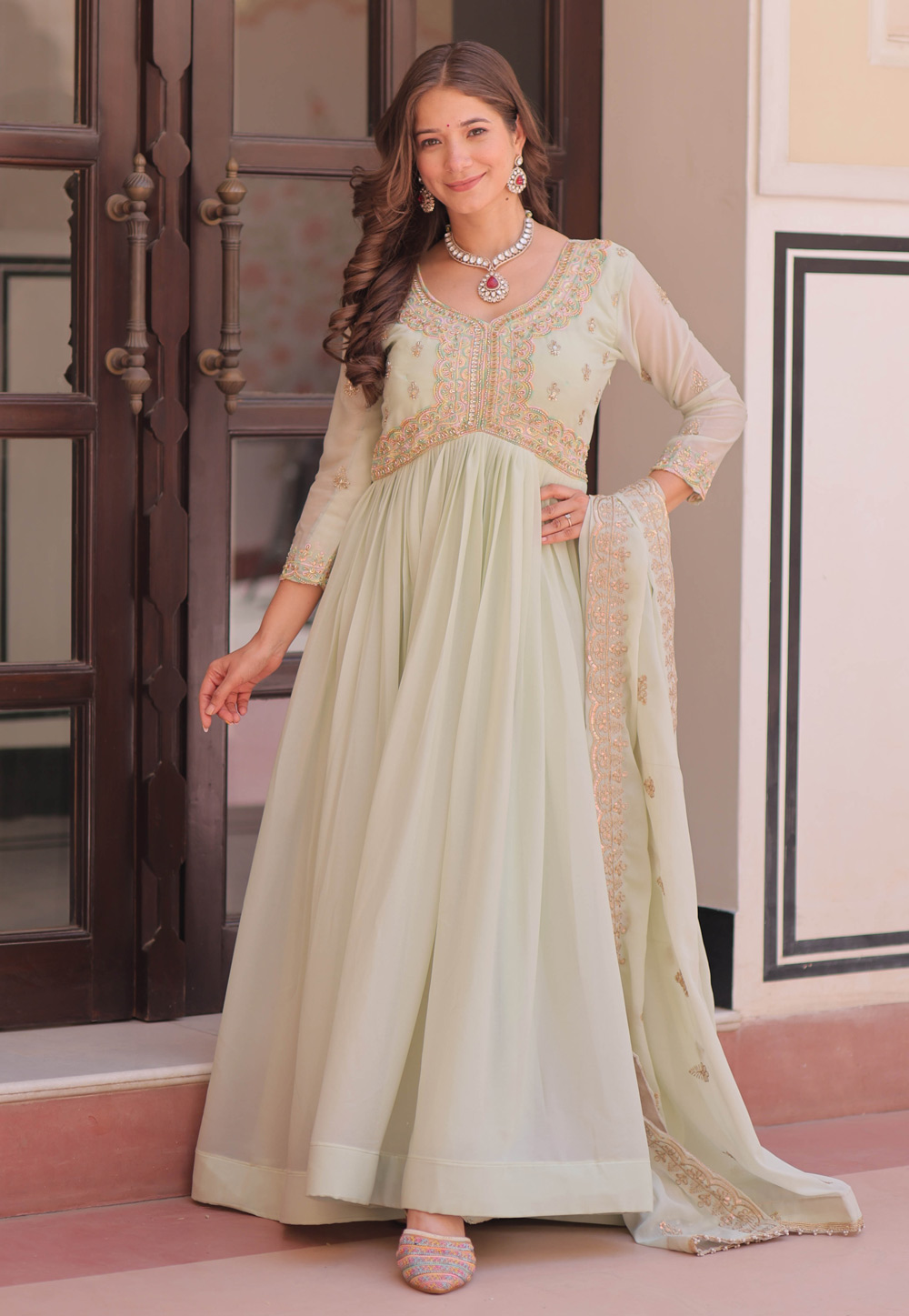 Pista Green Georgette Readymade Anarkali Suit 318006