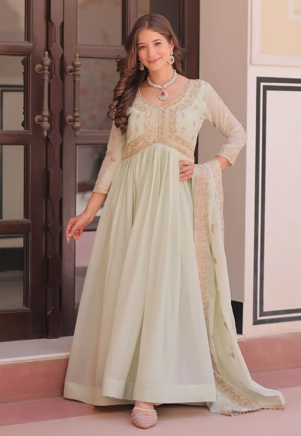 Pista Green Georgette Readymade Anarkali Suit 318006