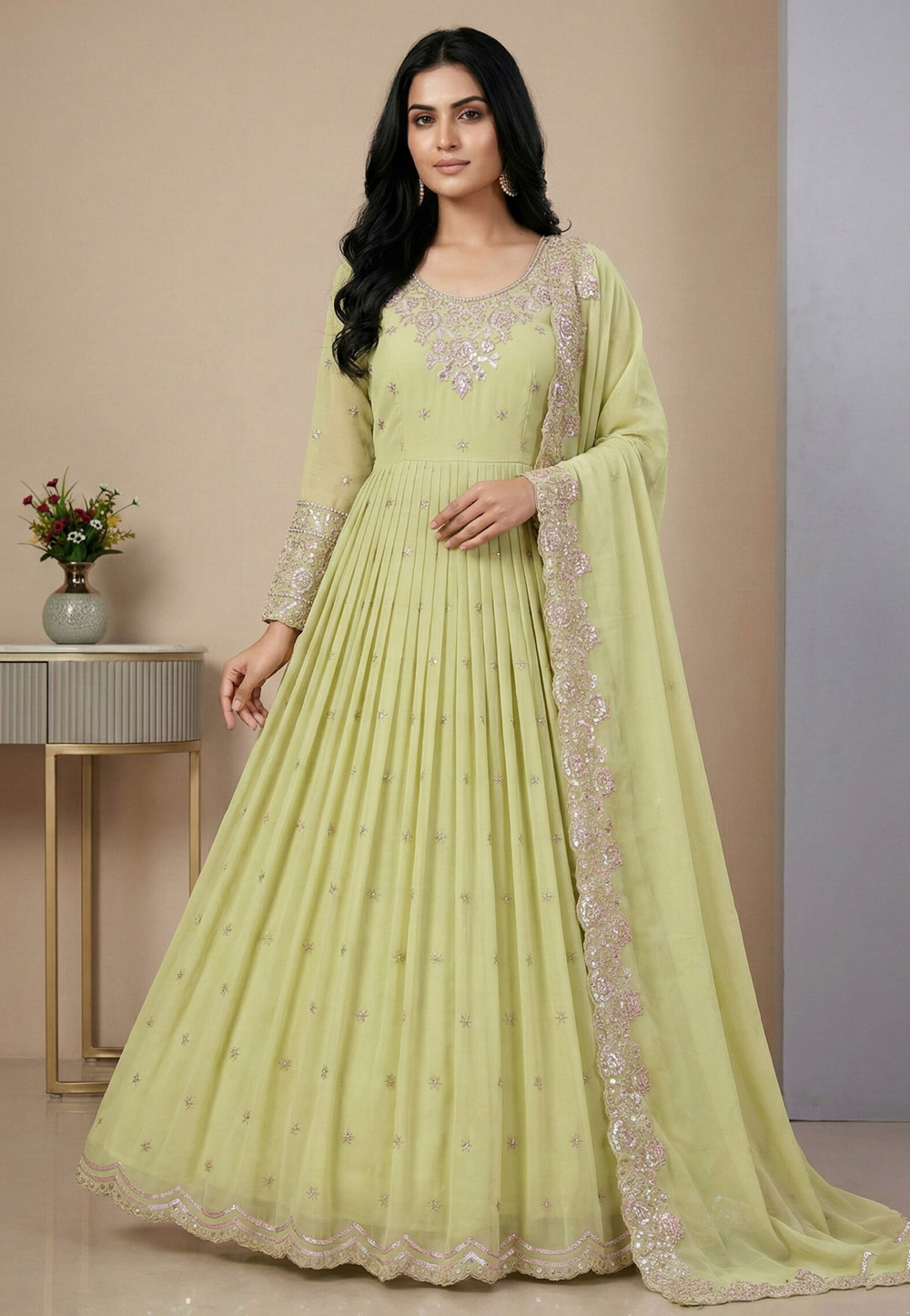 Pista Green Georgette Readymade Long Anarkali Suit 324014