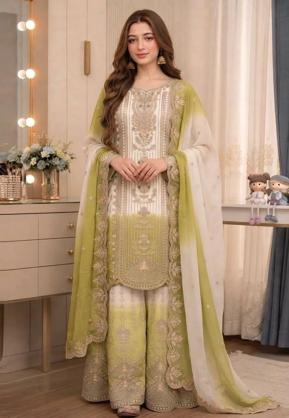 Pista Green Georgette Readymade Pakistani Suit 332030