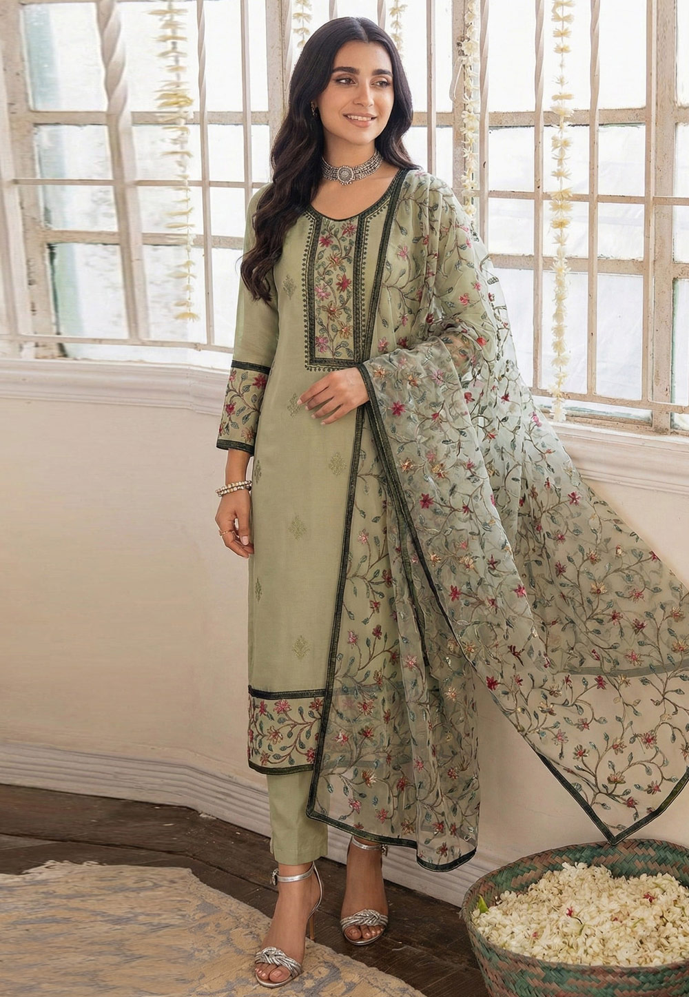 Pista Green Georgette Readymade Pant Style Suit 320950