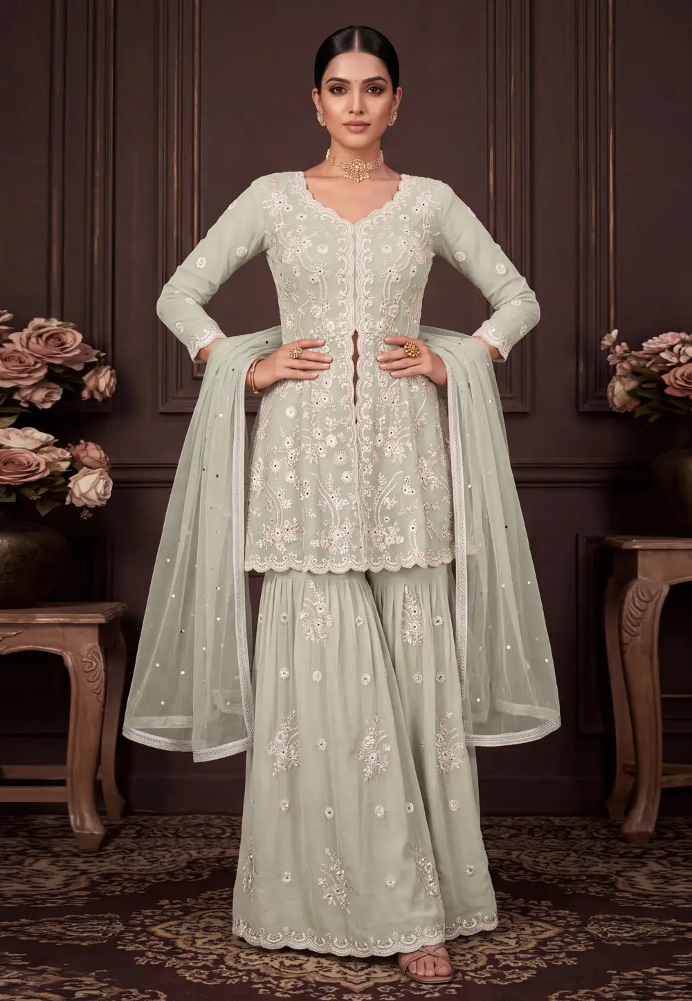 Pista Green Georgette Readymade Sharara Suit 335840