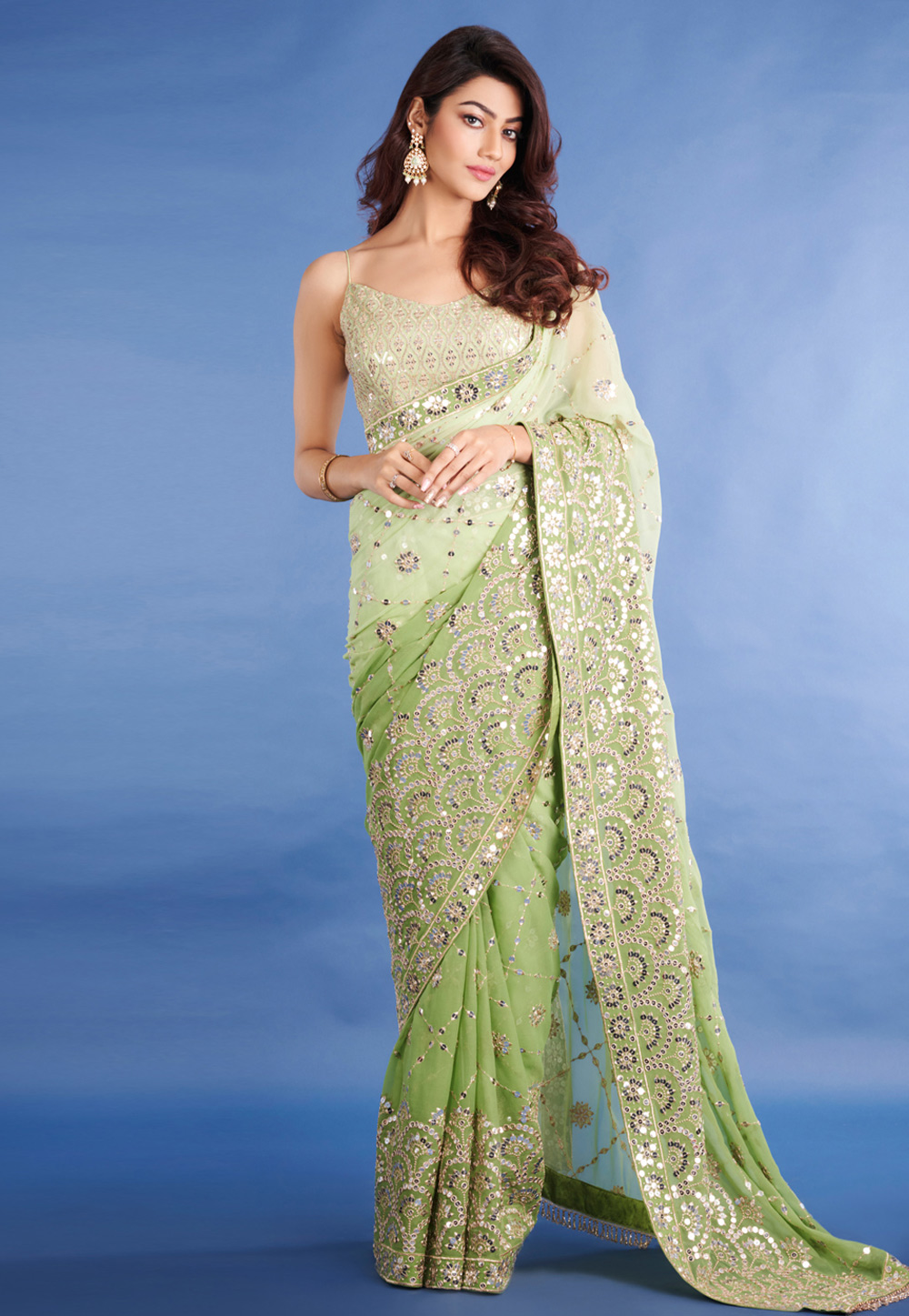 Pista Green Georgette Saree With Blouse 308956
