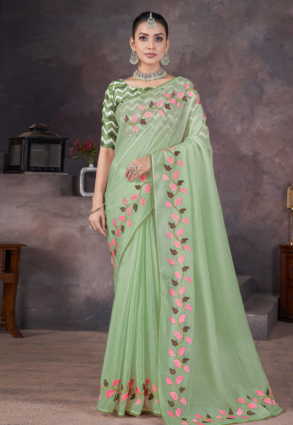 Pista Green Georgette Saree With Blouse 312312