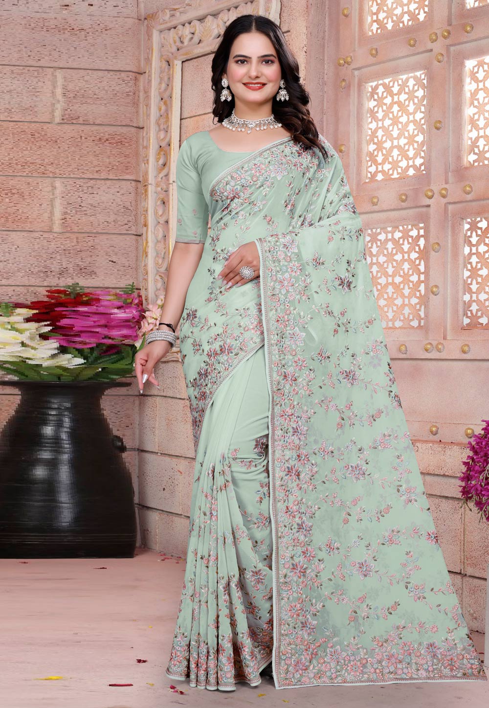 Pista Green Georgette Saree With Blouse 307773