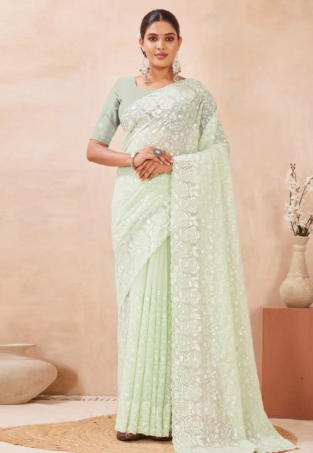 Pista Green Georgette Saree With Blouse 321541