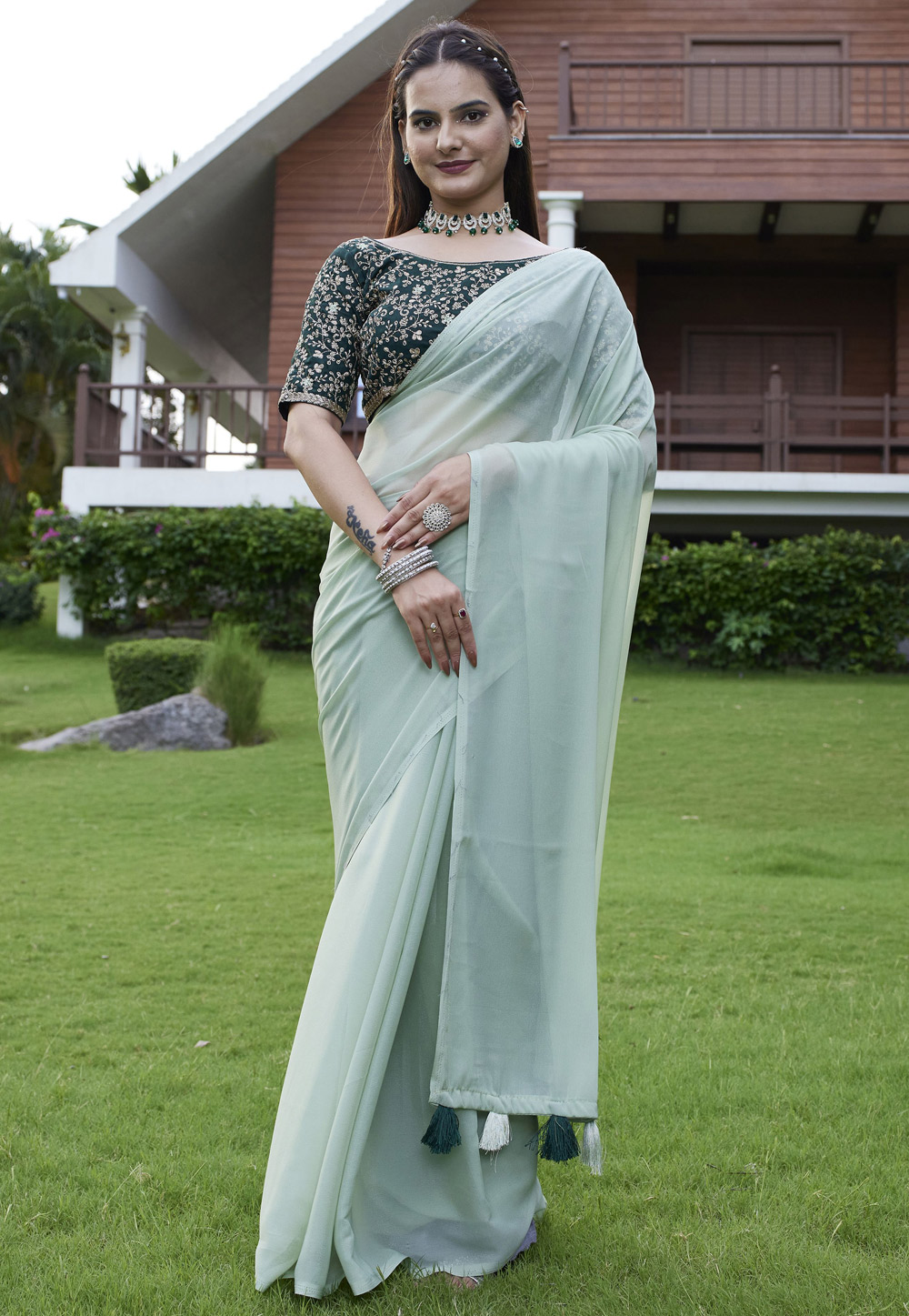 Pista Green Georgette Saree With Blouse 311457