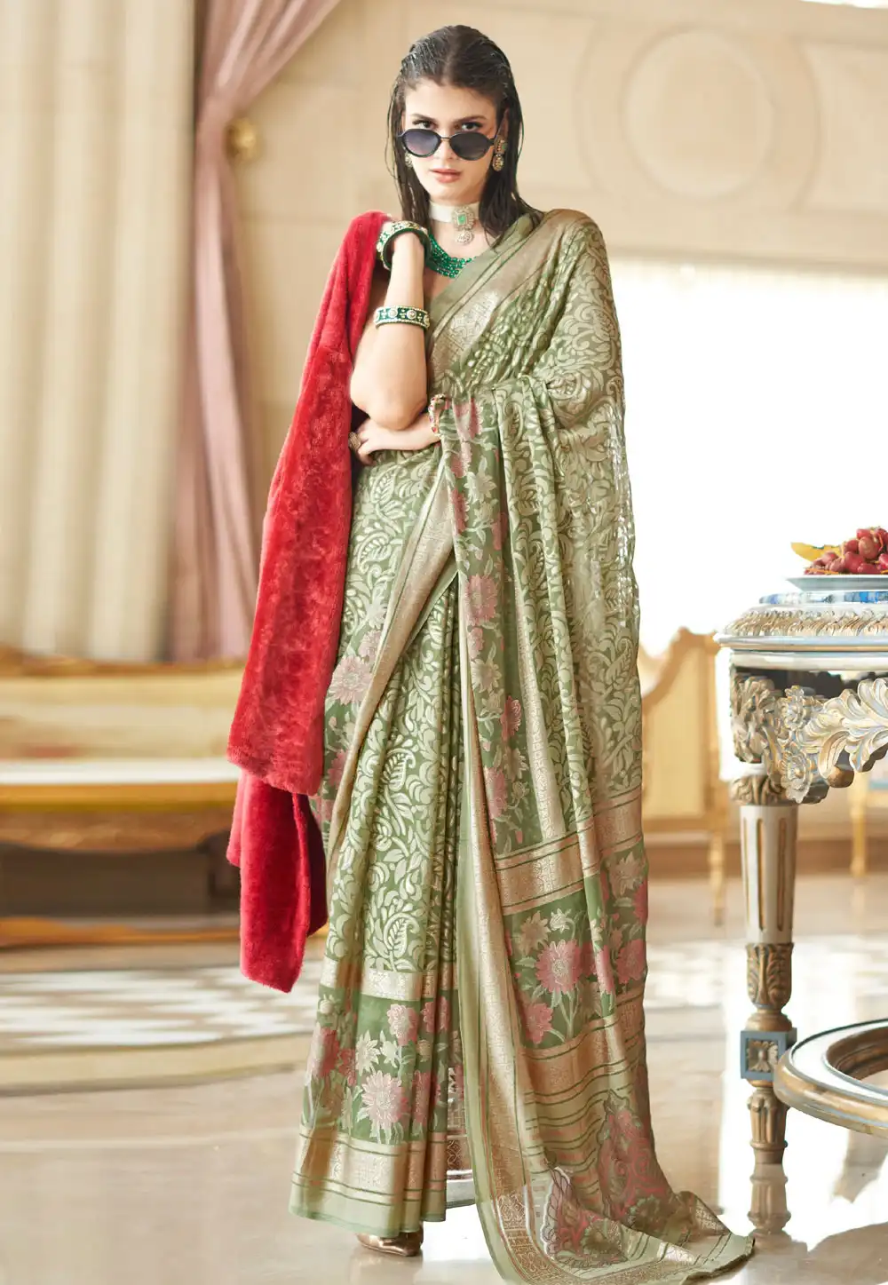 Pista Green Georgette Saree With Blouse 314807