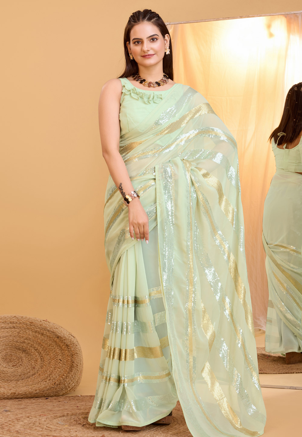 Pista Green Georgette Sequence Saree 283764