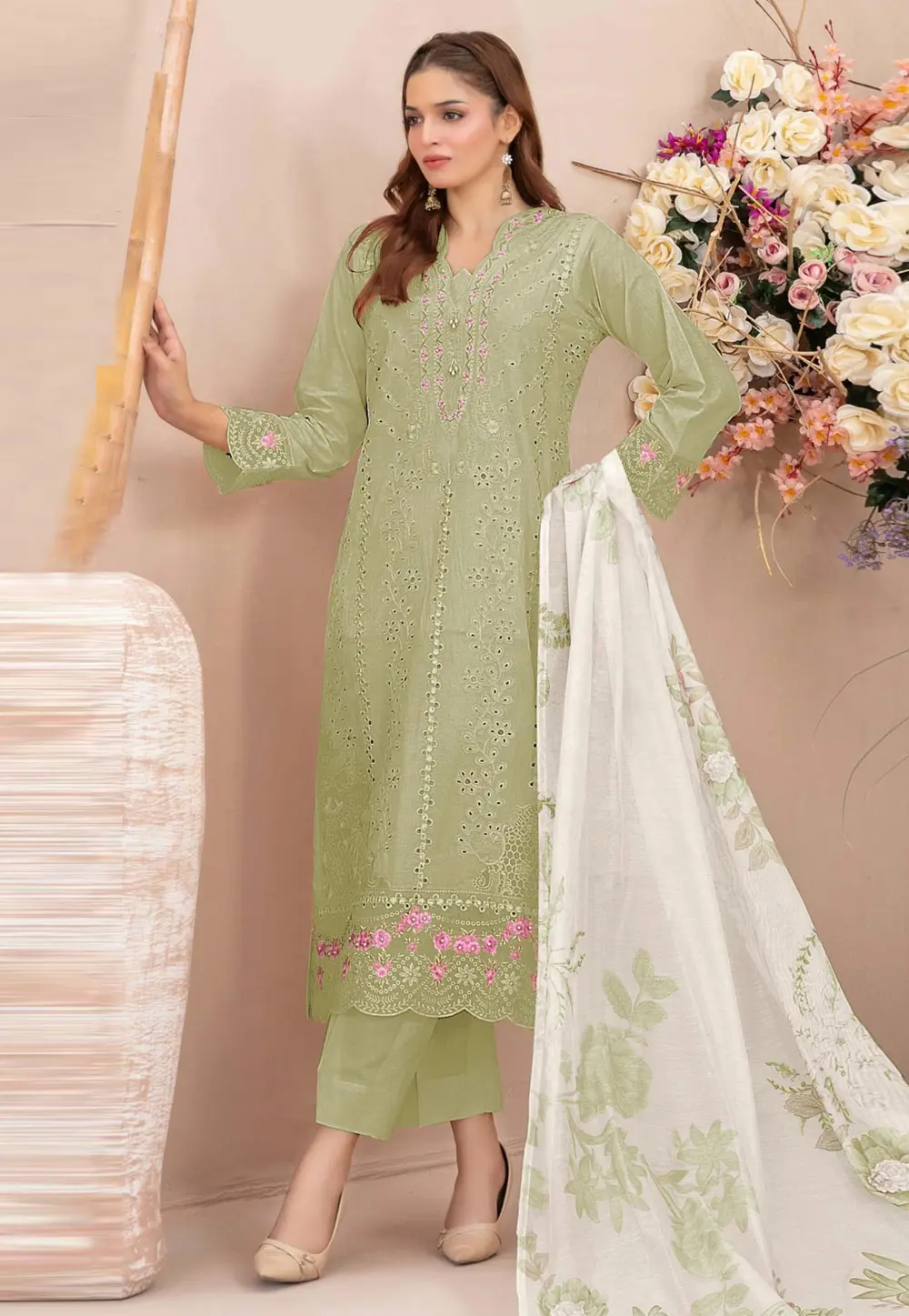 Pista Green Georgette Straight Suit 331590