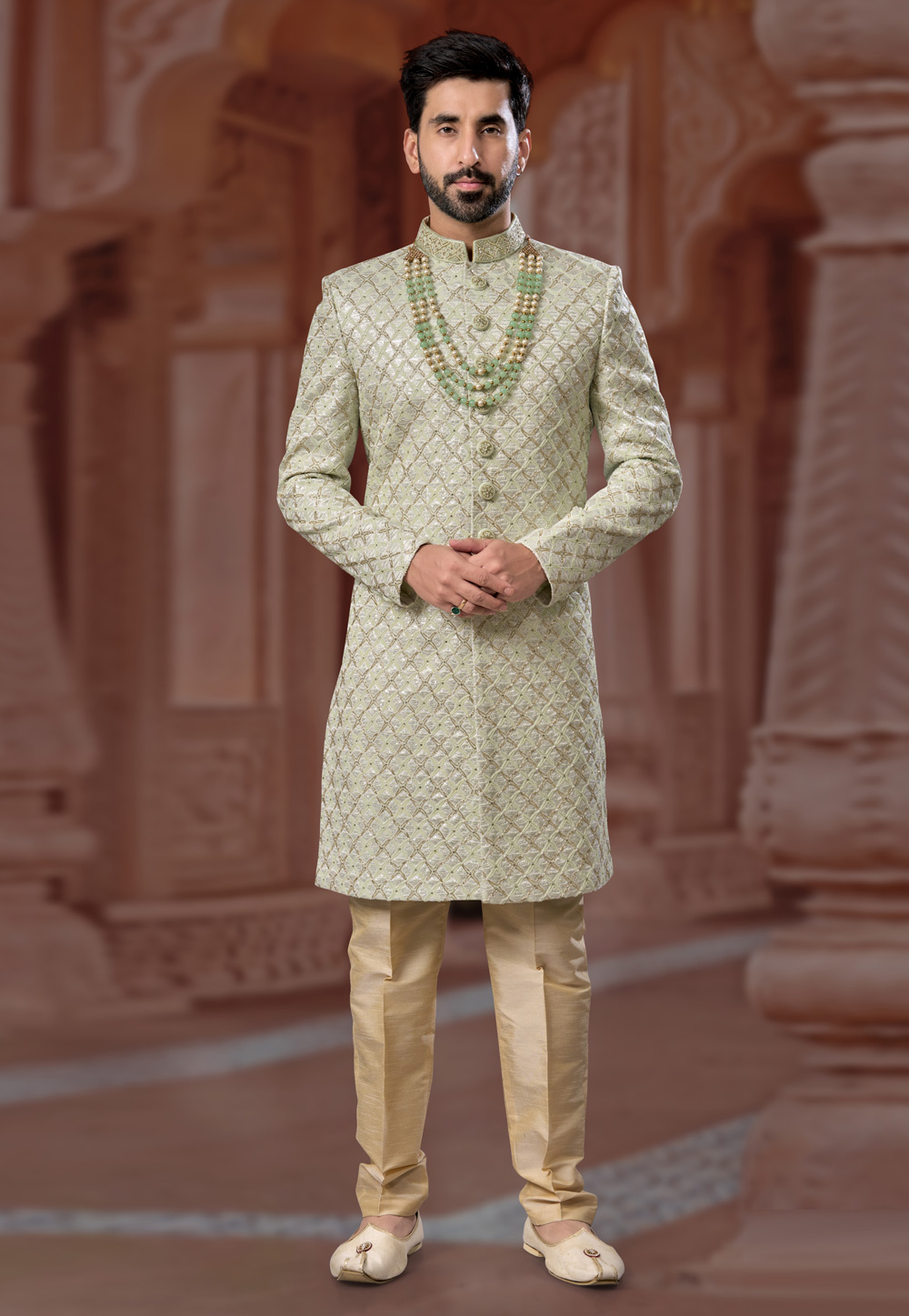 Pista Green Jacquard Indo Western Sherwani 282261
