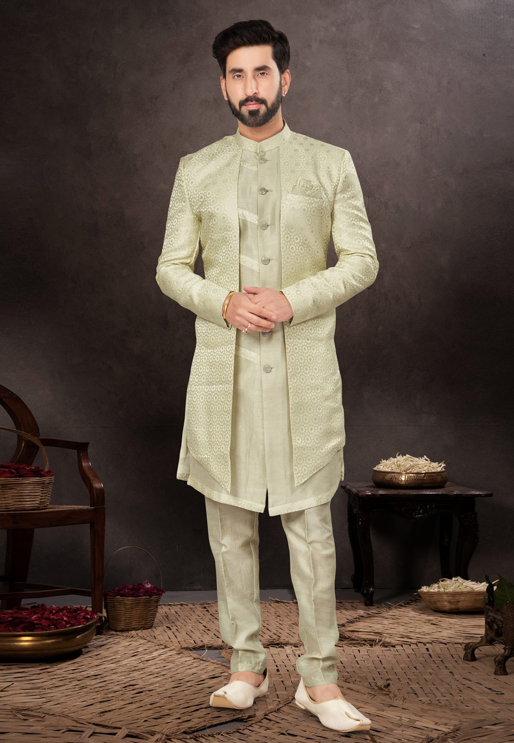 Pista Green Jacquard Indo Western Suit 283978
