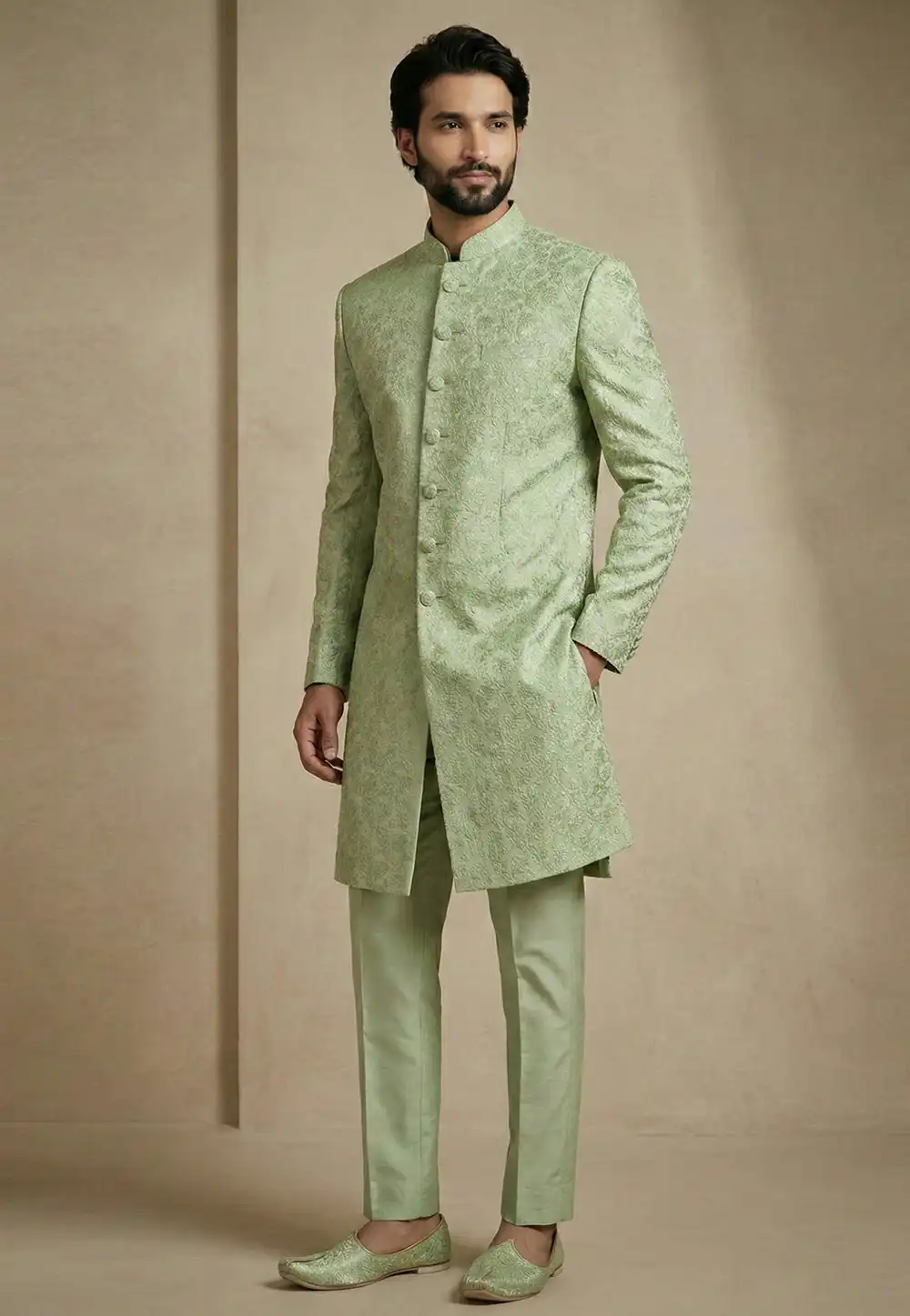 Pista Green Jacquard Indo Western Suit 325153