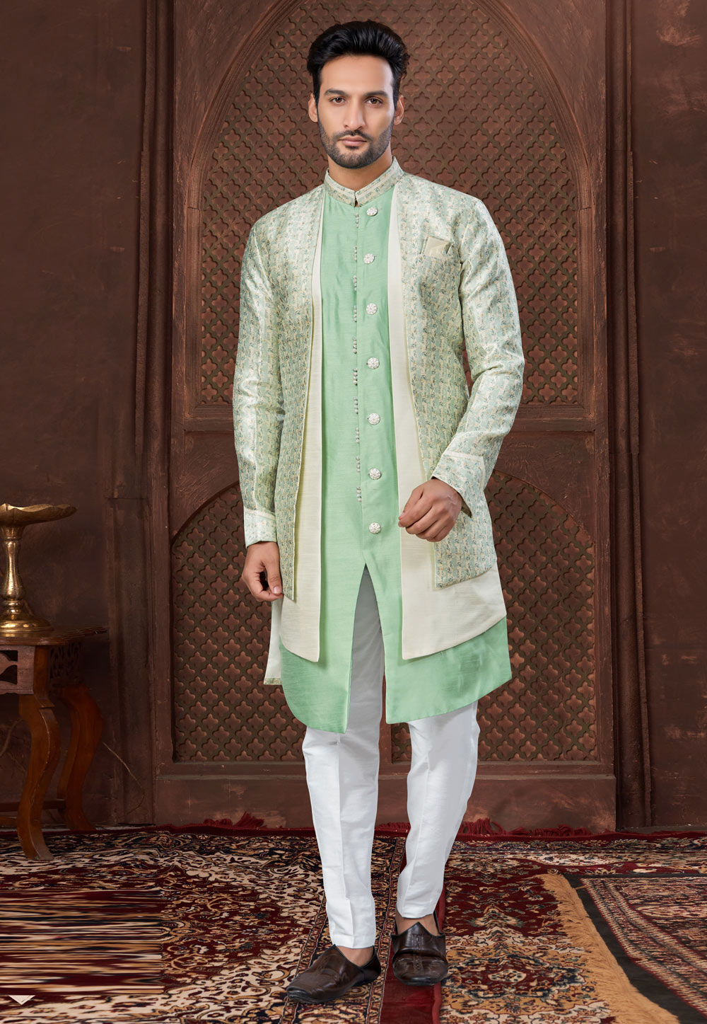 Pista Green Jacquard Indo Western Suit 307671