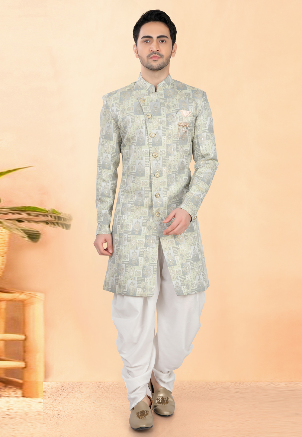 Pista Green Jacquard Indo Western Suit 308643