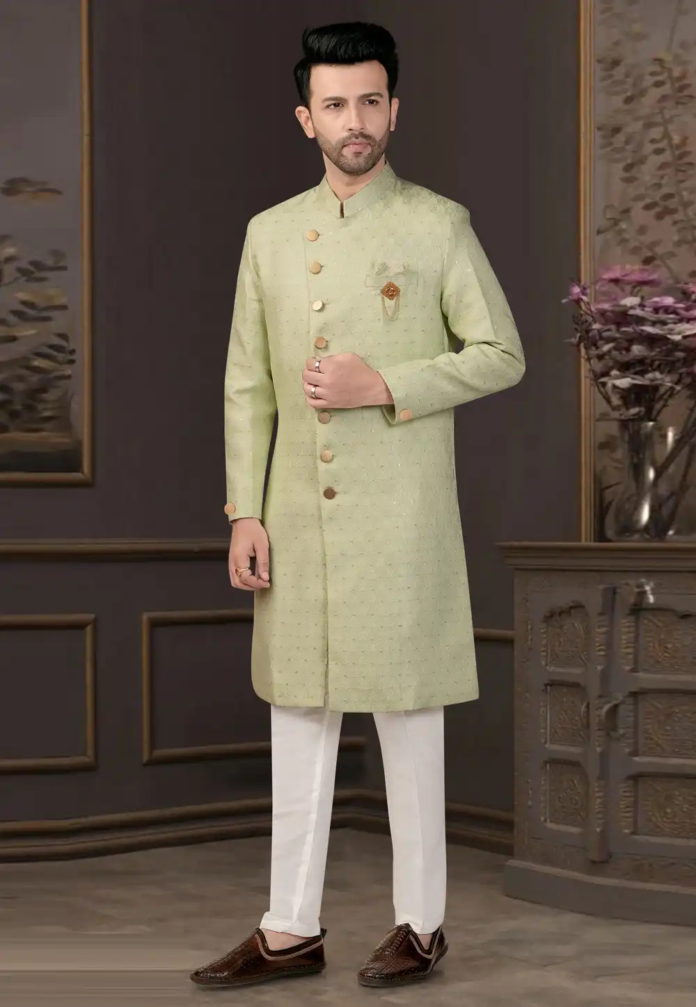 Pista Green Jacquard Indo Western Suit 316101