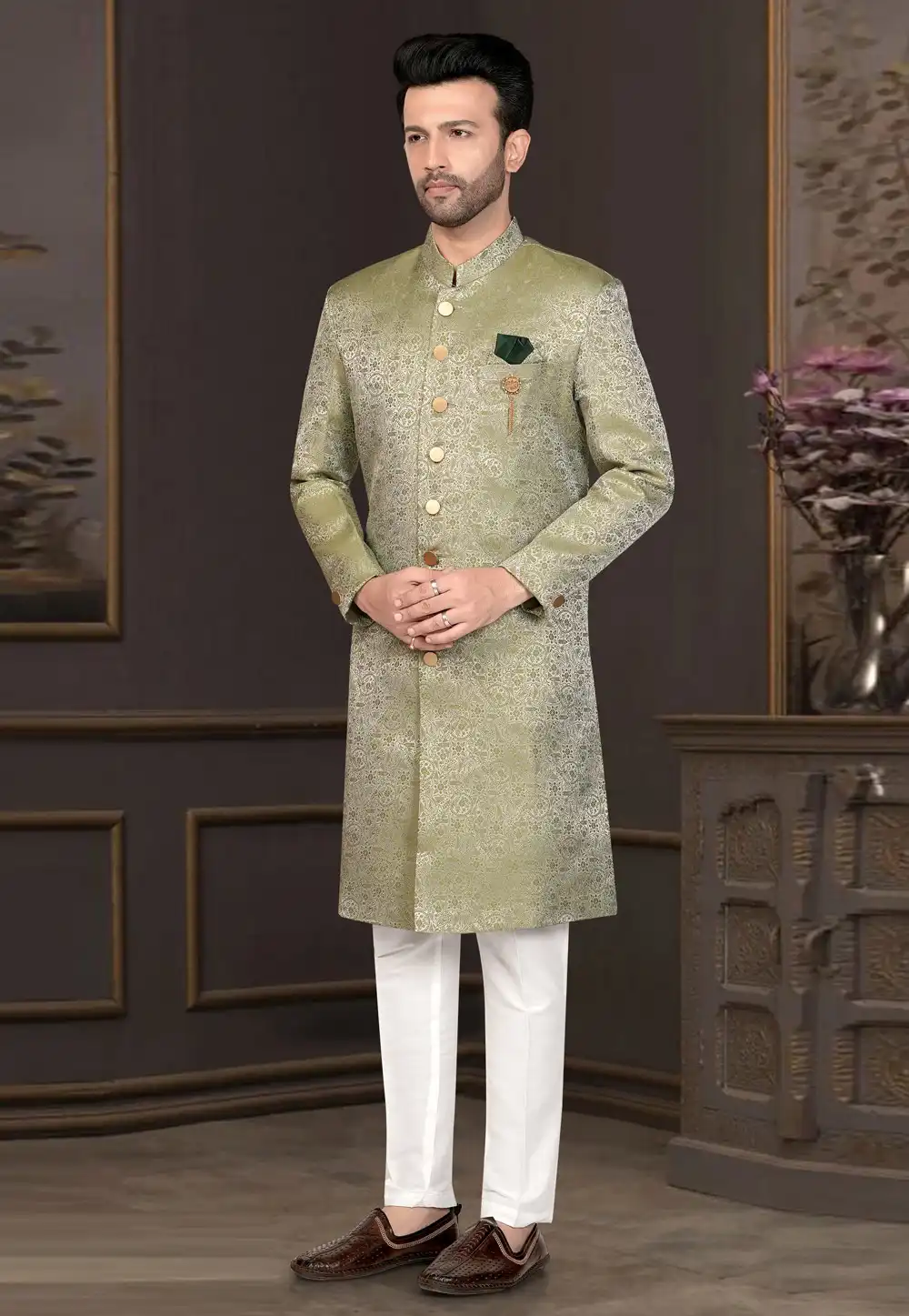 Pista Green Jacquard Indo Western Suit 316119