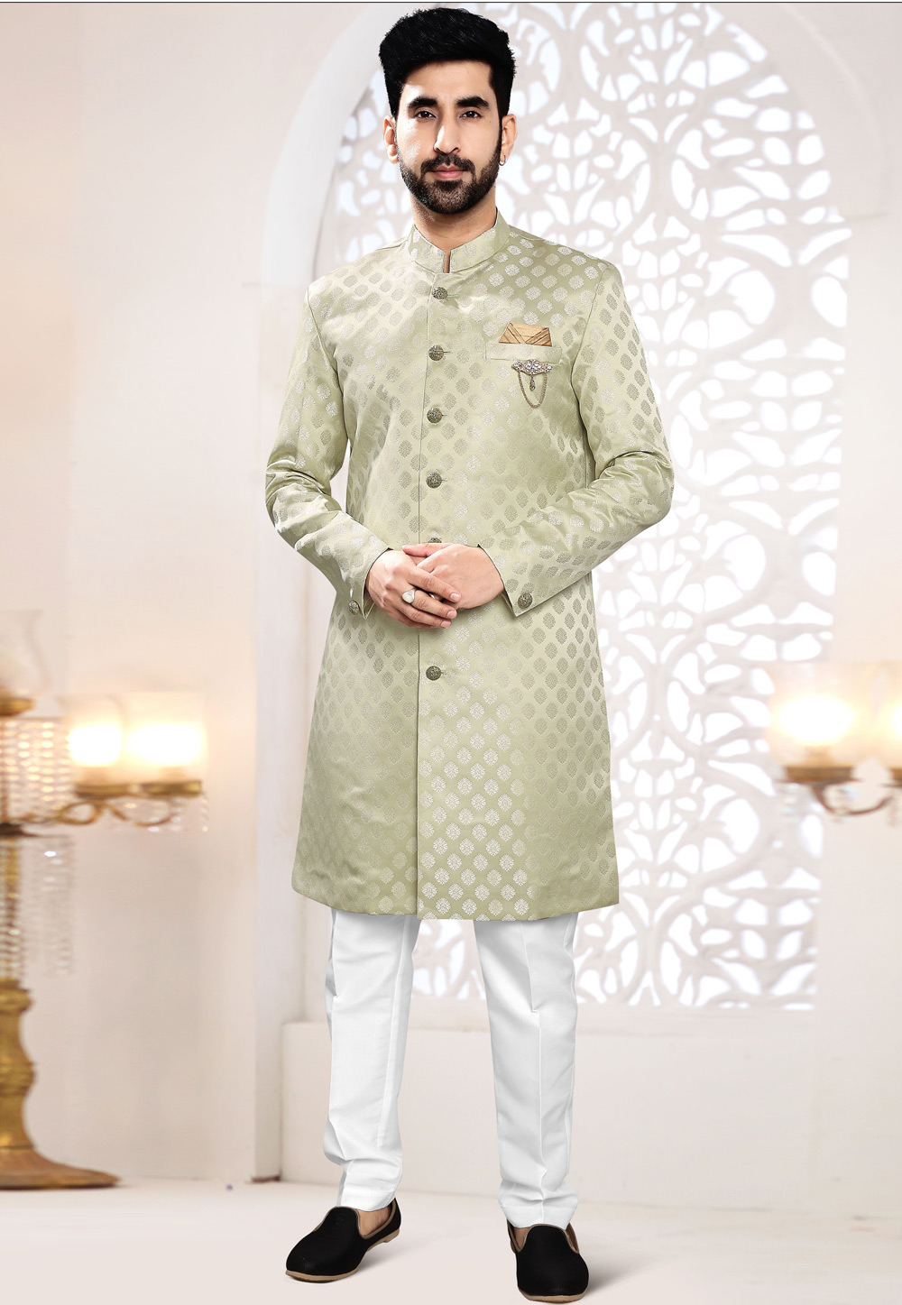 Pista Green Jacquard Indo Western Suit 306437