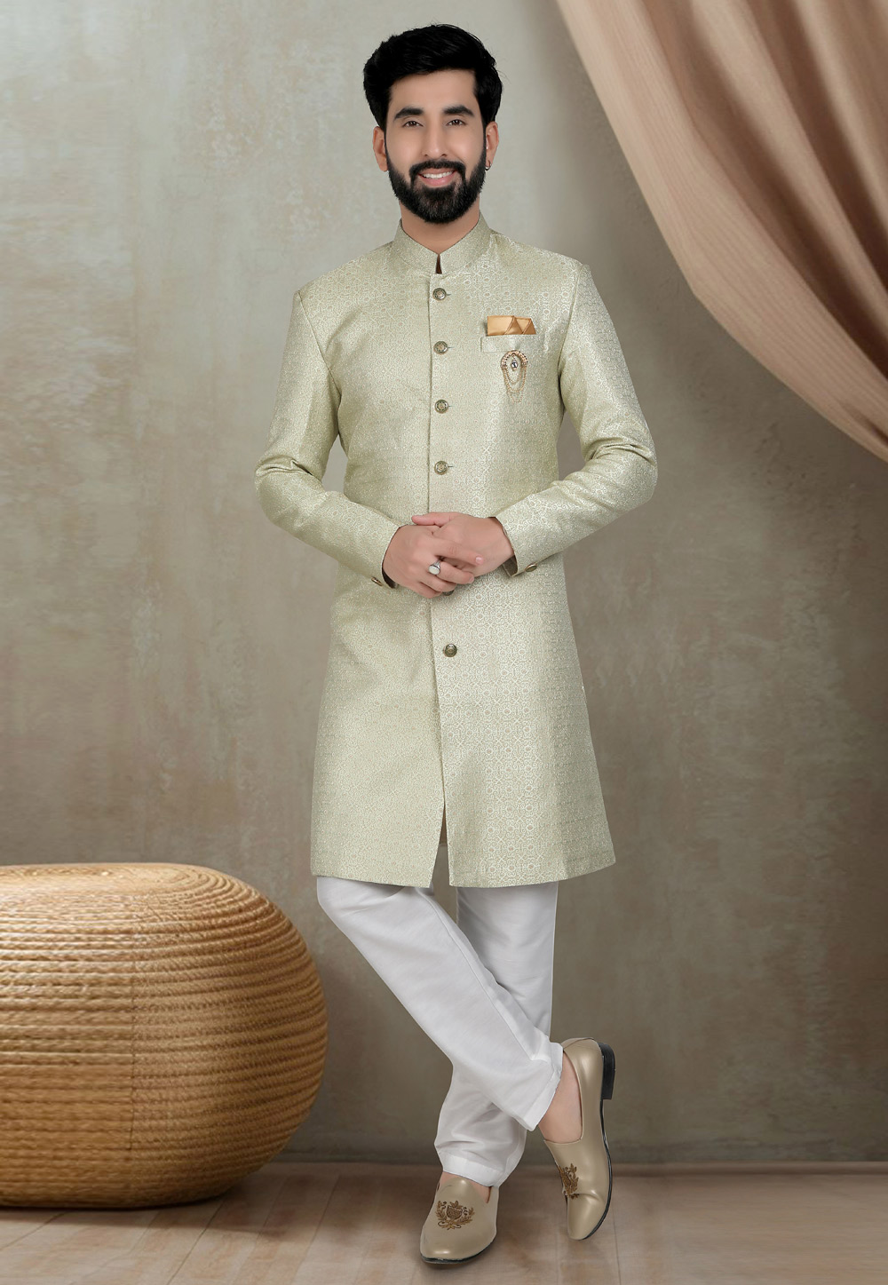 Pista Green Jacquard Indo Western Suit 311727