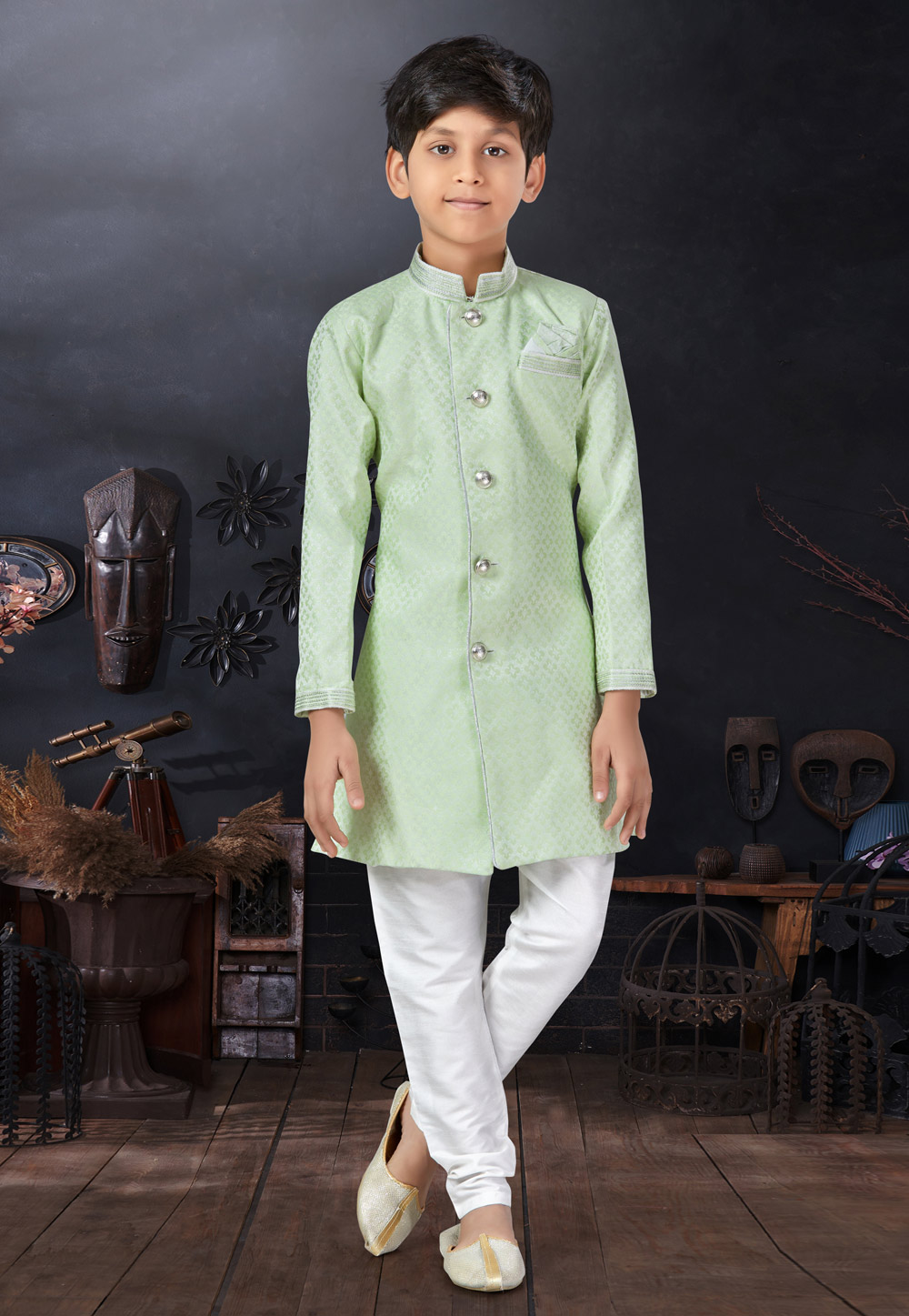 Pista Green Jacquard Kids Indo Western Sherwani 279100
