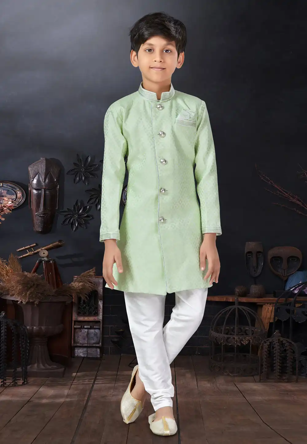 Pista Green Jacquard Kids Indo Western Sherwani 279100