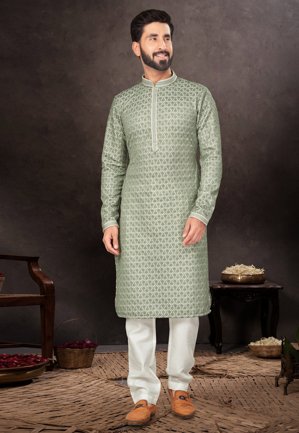 Pista Green Jacquard Kurta Pajama 283936