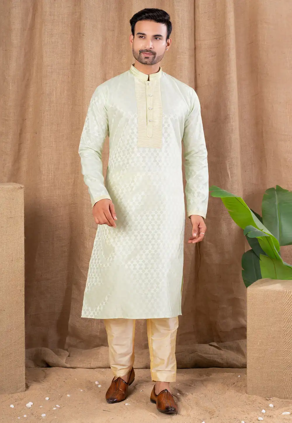 Pista Green Jacquard Kurta Pajama 316435