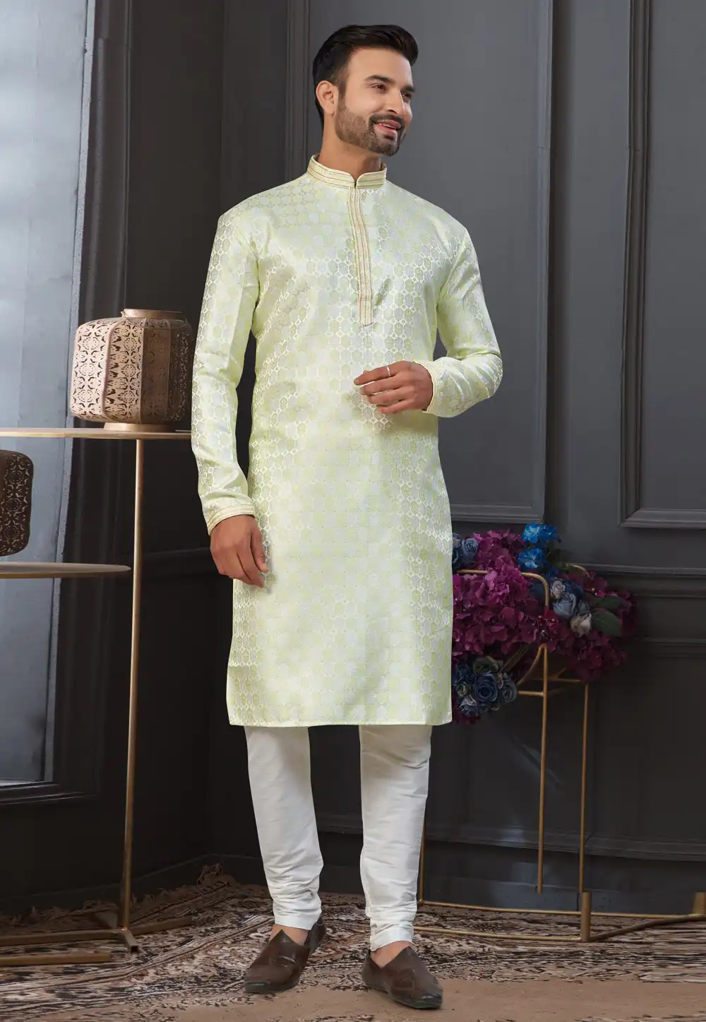 Pista Green Jacquard Kurta Pajama 322865
