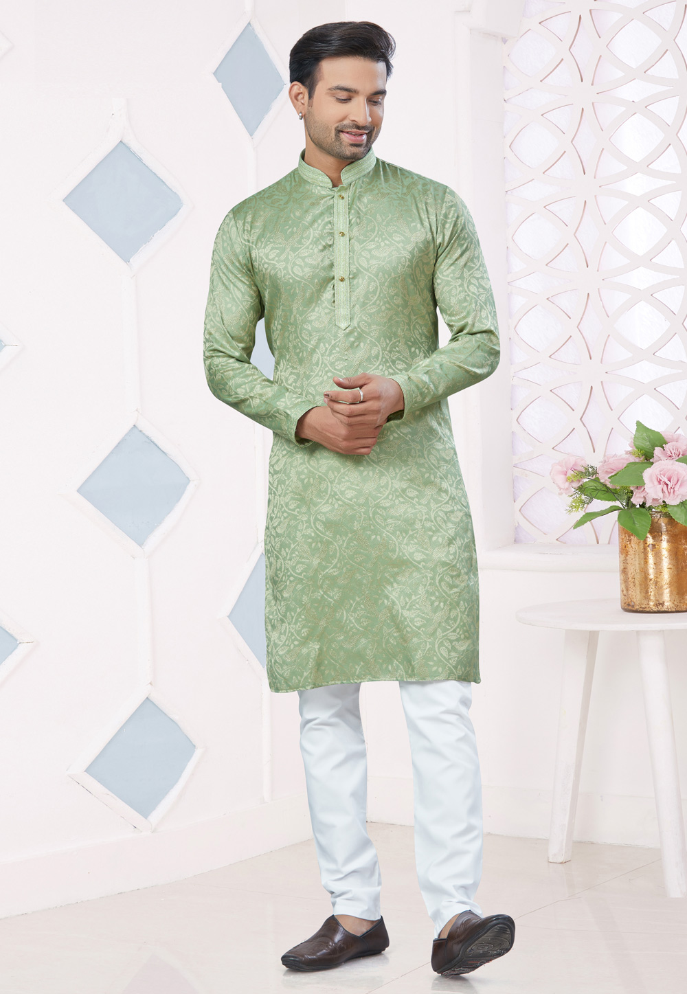 Pista Green Jacquard Kurta Pajama 306672